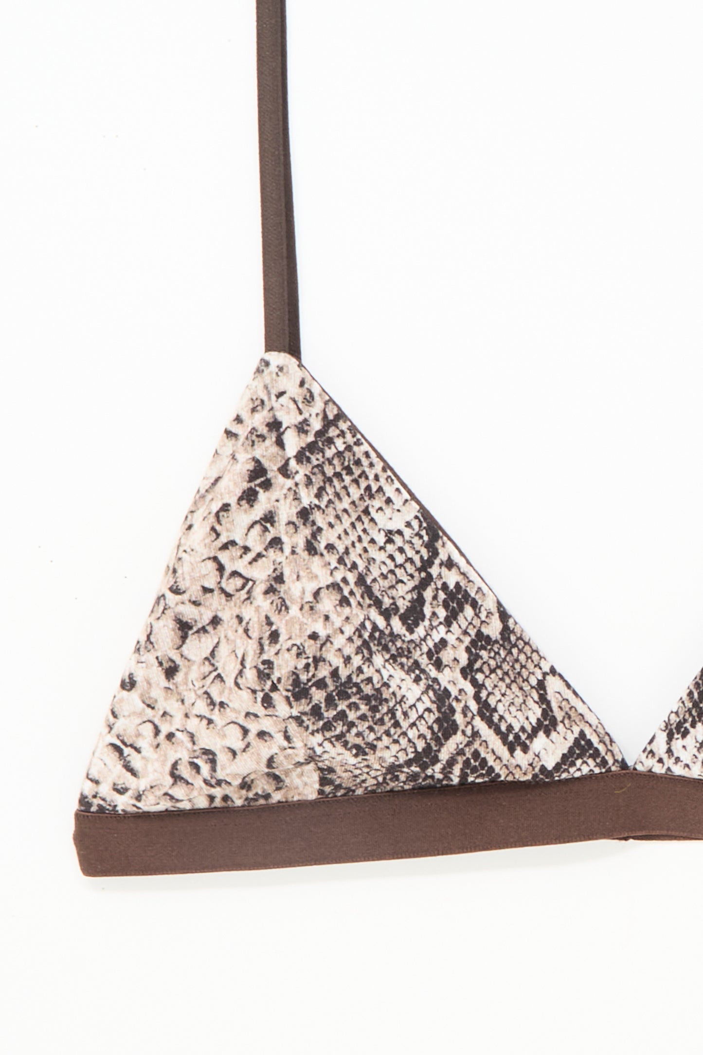 Close-up of the Baserange Mississippi Bra in Snake—a triangle bikini top with a brown and beige snakeskin pattern, designed to support medium and small busts—shown against a white background.