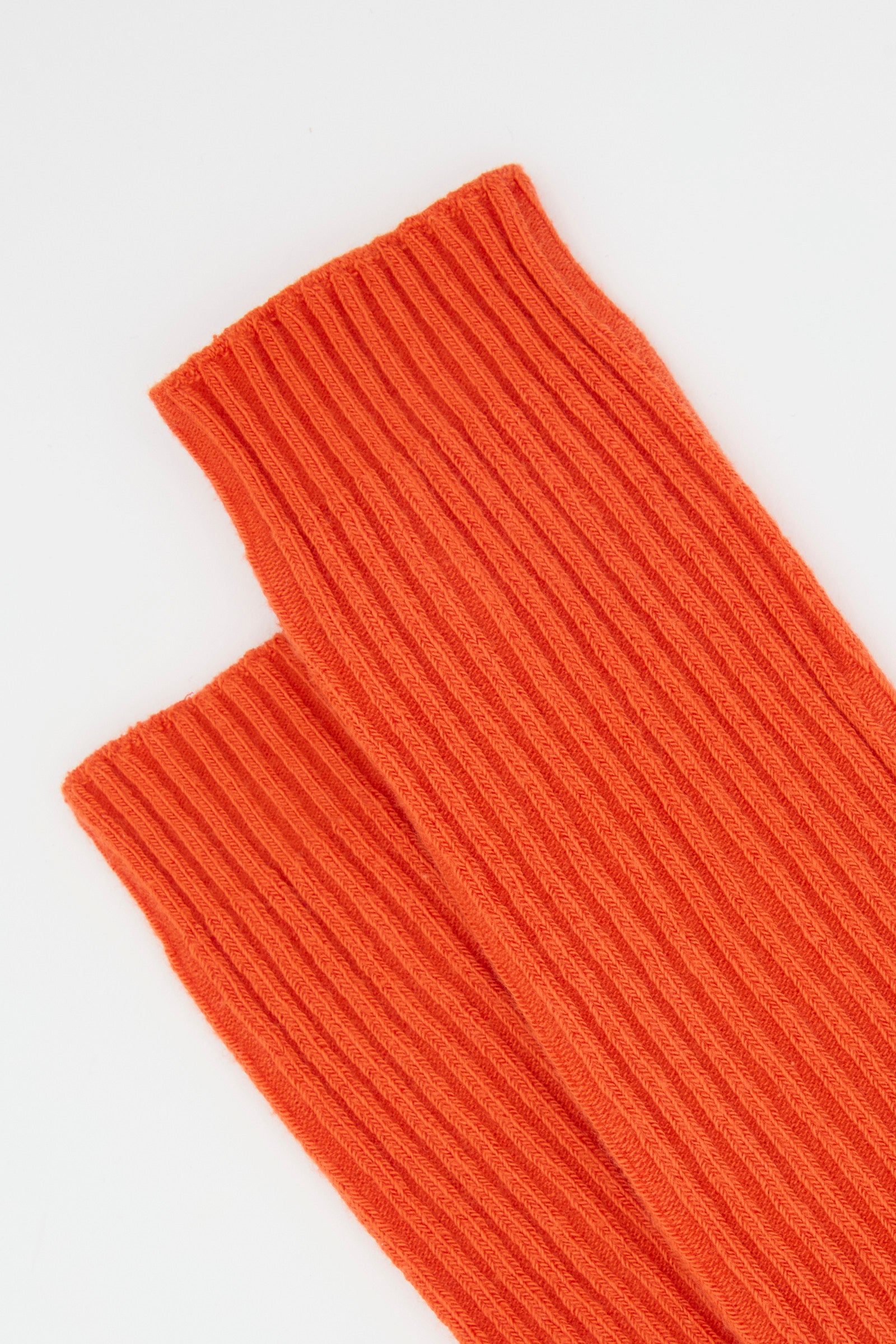 Close-up of Baserange Rib Overknee Sock in Bill Red, made from ribbed cotton, laid flat on a white surface.