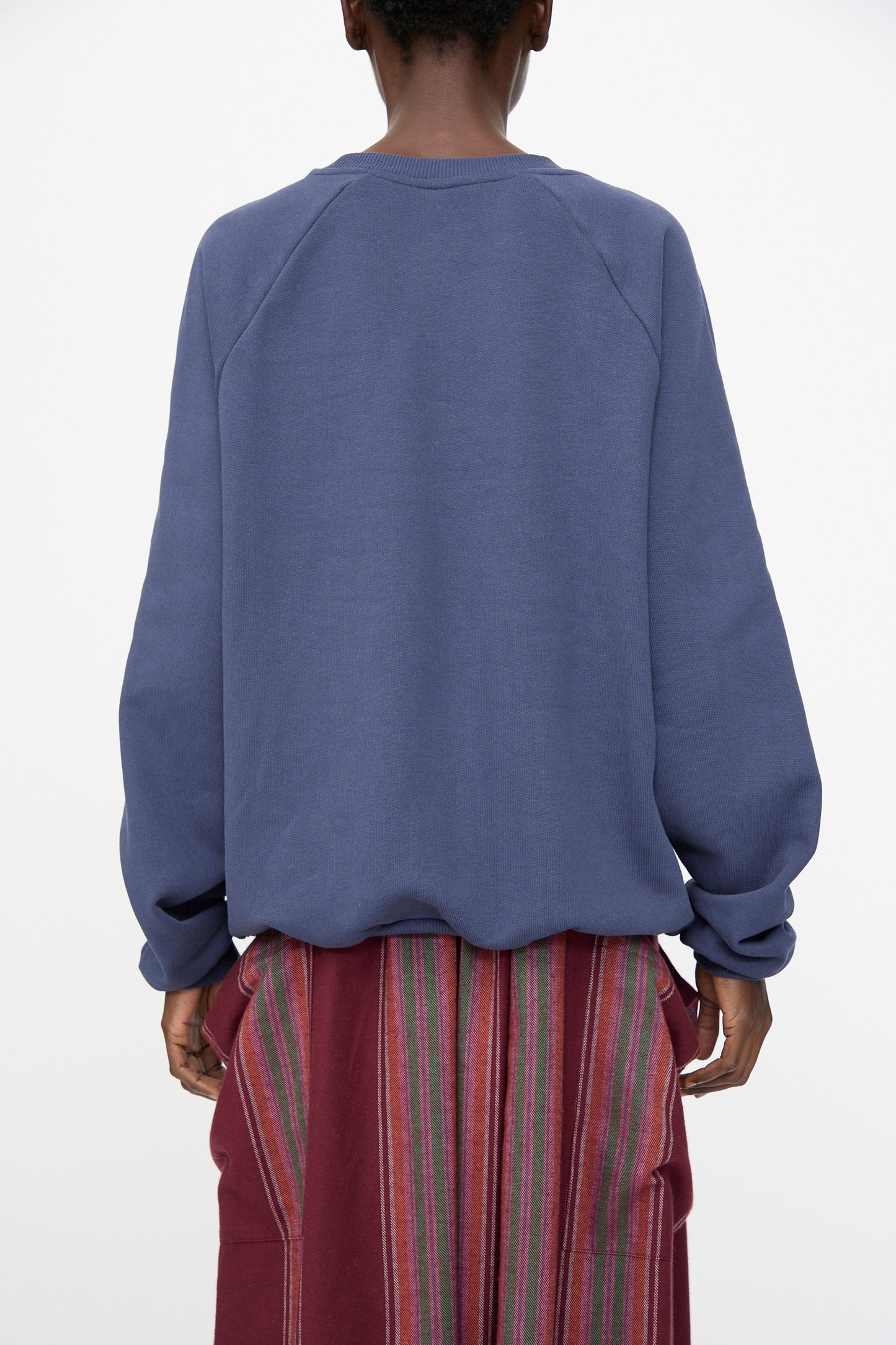 A person is seen from behind wearing the Baserange Rim Raglan Sweatshirt in Echo Blue, styled with red pants featuring vertical multicolored stripes, against a plain background.