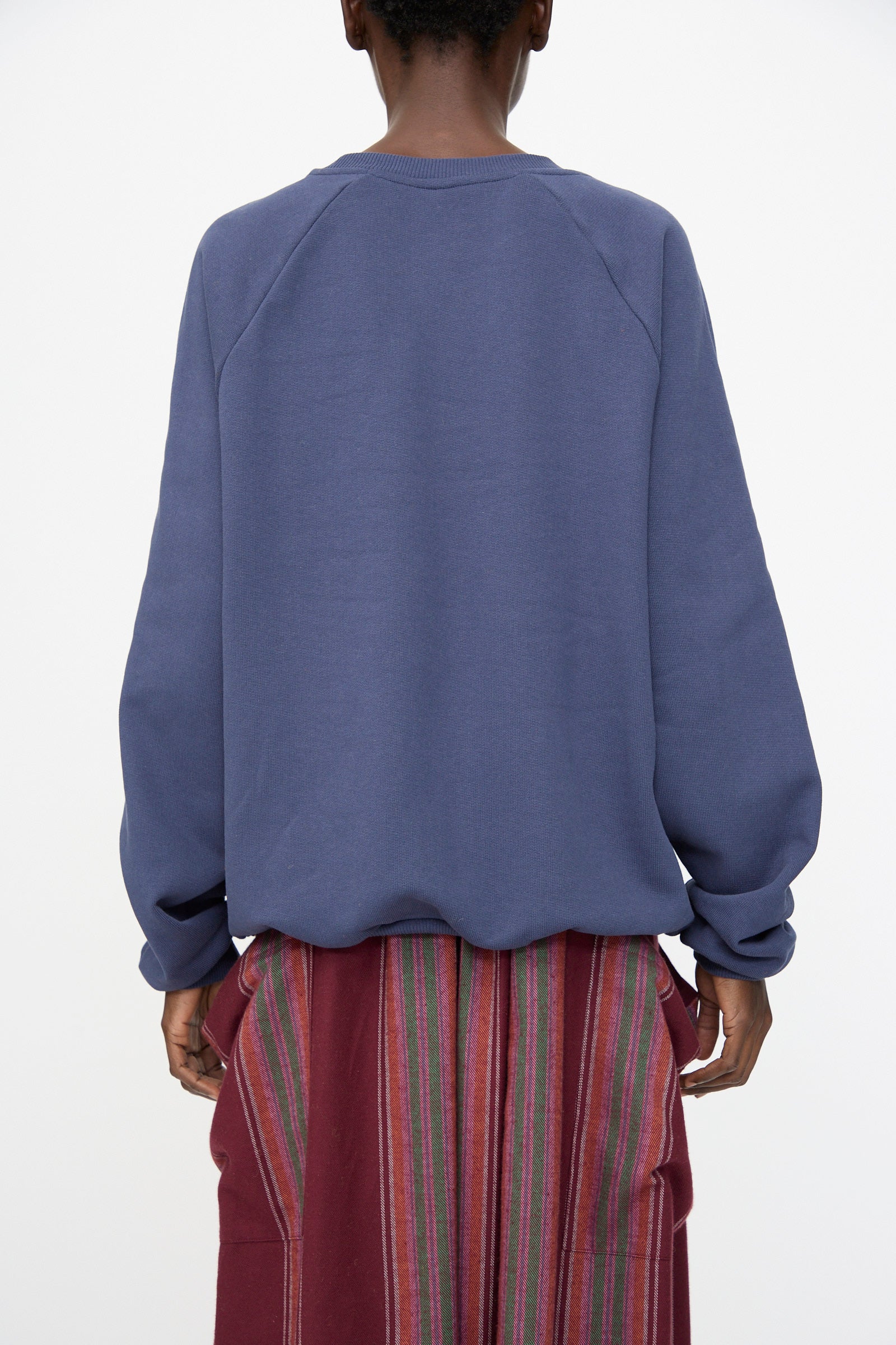 A person is seen from behind wearing the Baserange Rim Raglan Sweatshirt in Echo Blue, styled with red pants featuring vertical multicolored stripes, against a plain background.