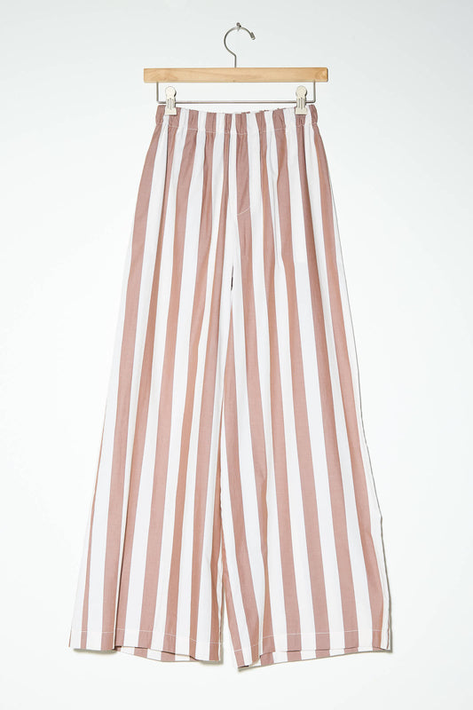 Relaxed fit, wide-leg Stave Pant in Brown White Stripe by Baserange, showcased on a wooden hanger against a plain background.