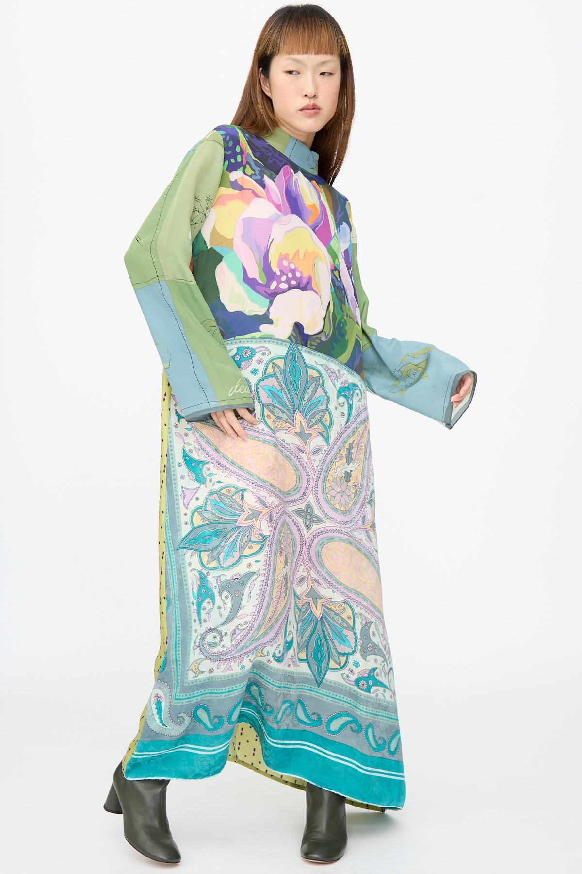 Bettina Bakdal Classic Mandarin Collar Dress in Hedwig Arheim: a vintage silk dress with long sleeves, a knee-length hem, and a mix of large floral and paisley prints in green, purple, and yellow.