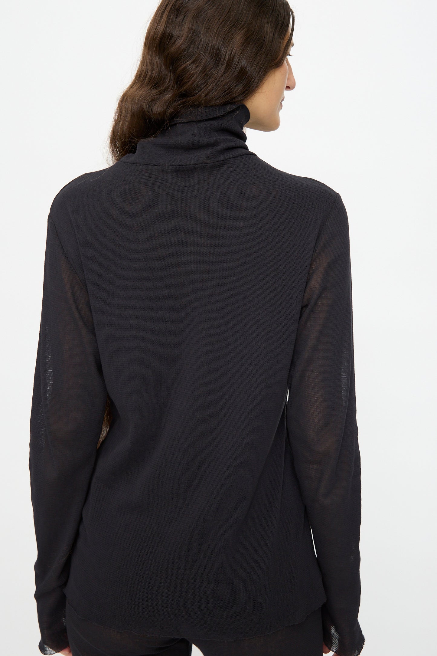 A woman with long brown hair is seen from the back wearing the Black Crane Double Mesh Turtleneck in Black, a slim fit, long sleeve shirt.