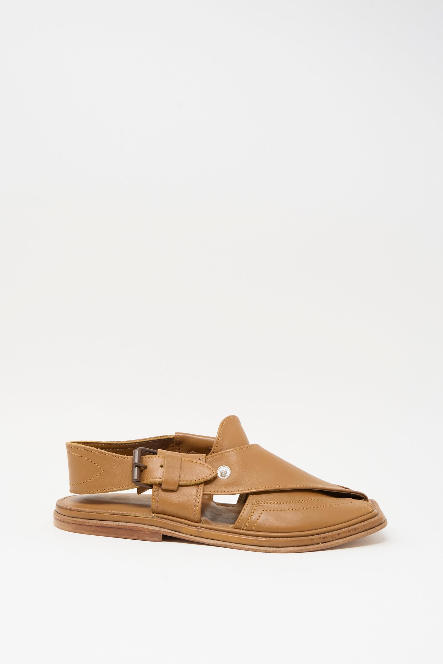 The Bless No. 08 Desertsandals in Light Brown feature a leather crossover design with a closed toe, side buckle, and open heel, displayed on a plain white background.