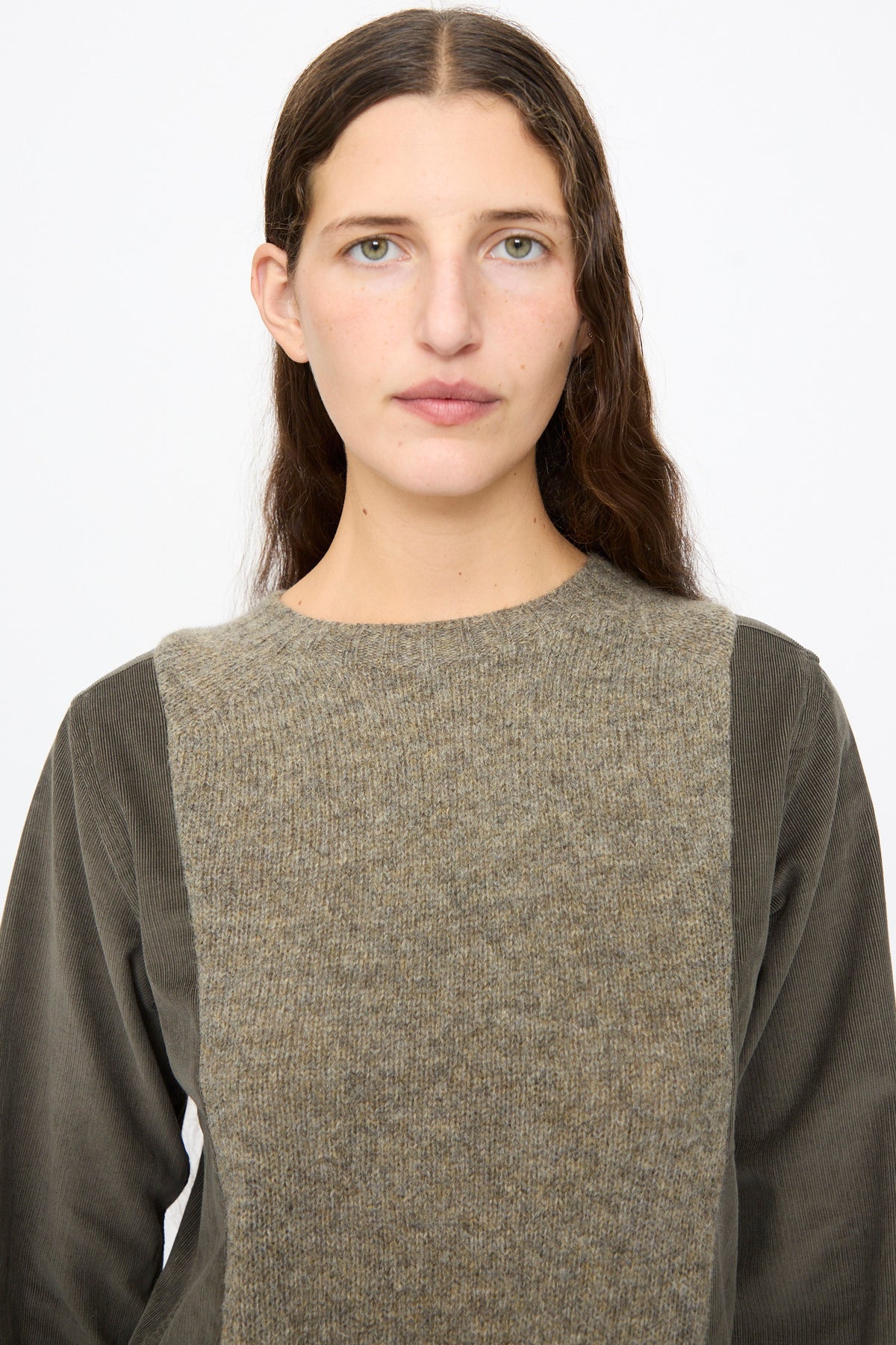 A Bless No. 68 Frontinsertpullover in Unique III, a relaxed fit Shetland wool pullover featuring a contrasting textured chest panel and ribbed sleeves.