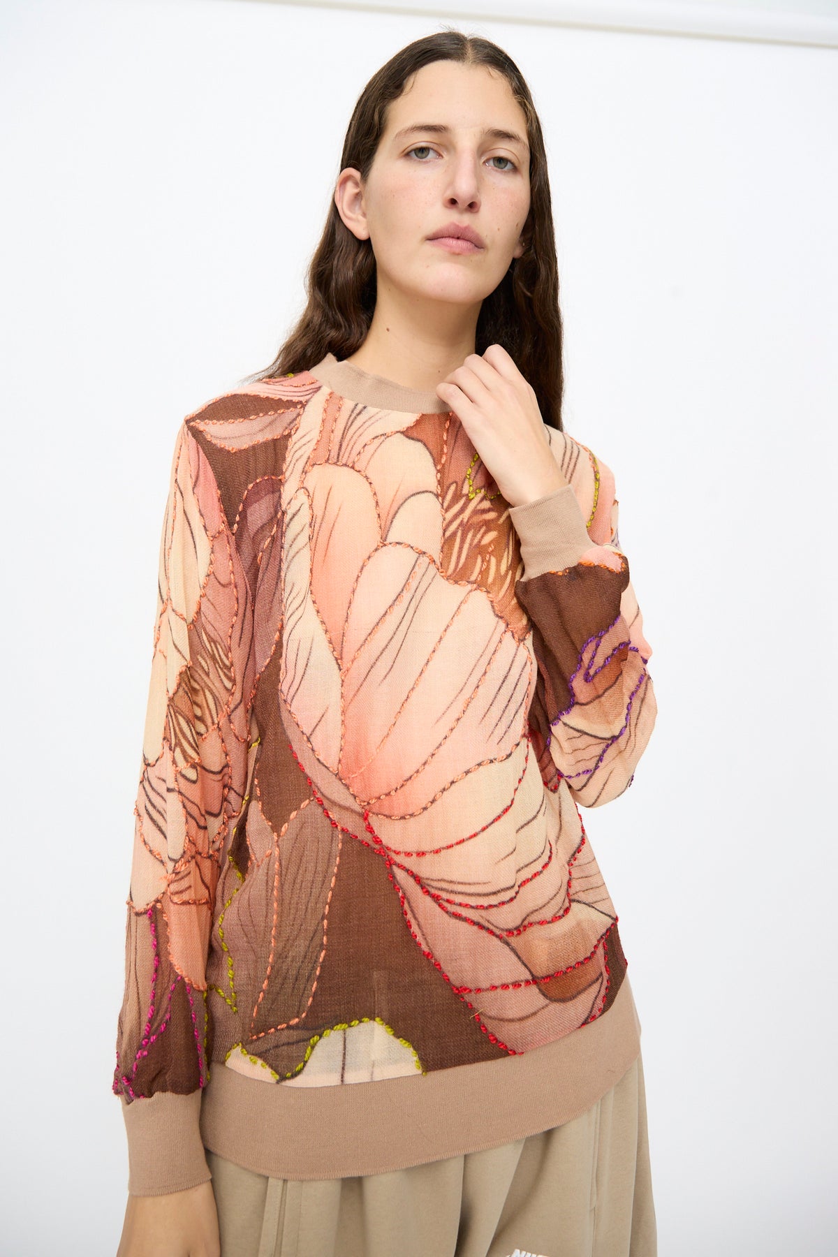 Lightweight, long-sleeved floral print No. 82 Embroidered Sweater in Multicolor Beige and Rosé with decorative contrast stitching.