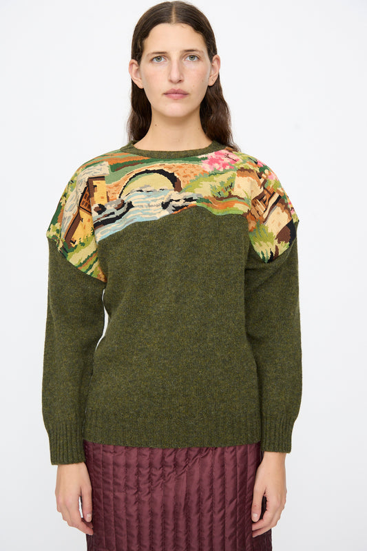 Bless No. 82 Kitschenrich in Unique Ultralarge Patchwork olive green wool pullover sweater featuring a tapestry-style needlepoint landscape motif with a bridge across the chest and shoulders.