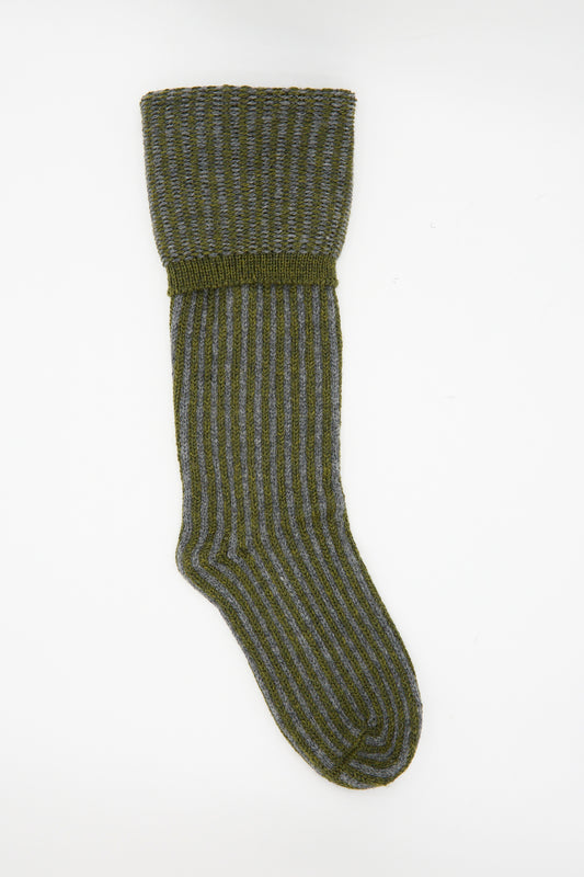 The Cawley British Merino Wool Sock in Moss and Slate Stripe is shown folded at the top and laid flat on a white background.