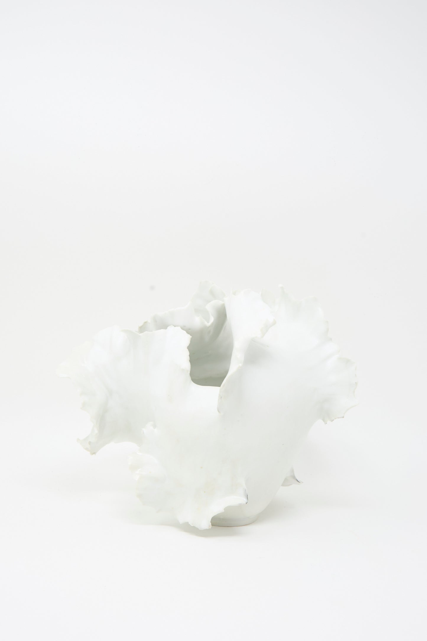 The Roots N3 Sculpture in White by Chala Toprak is a handmade vase crafted from sculpture clay, featuring ruffled, uneven edges that resemble a blooming flower or coral, set against a plain white background.