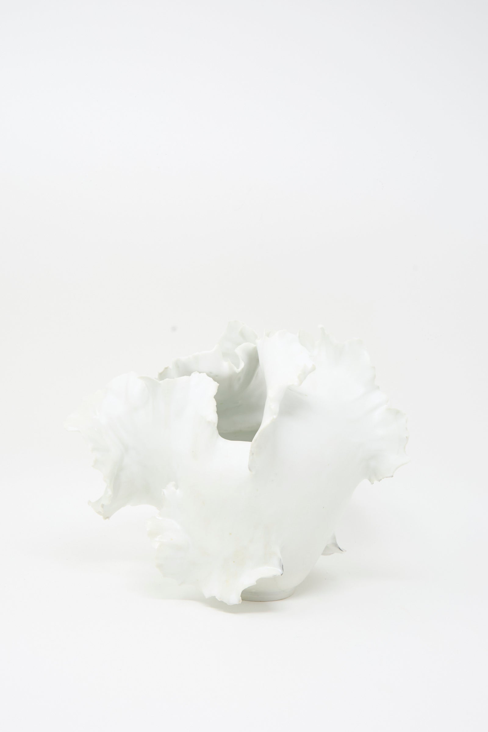 The Roots N3 Sculpture in White by Chala Toprak is a handmade vase crafted from sculpture clay, featuring ruffled, uneven edges that resemble a blooming flower or coral, set against a plain white background.