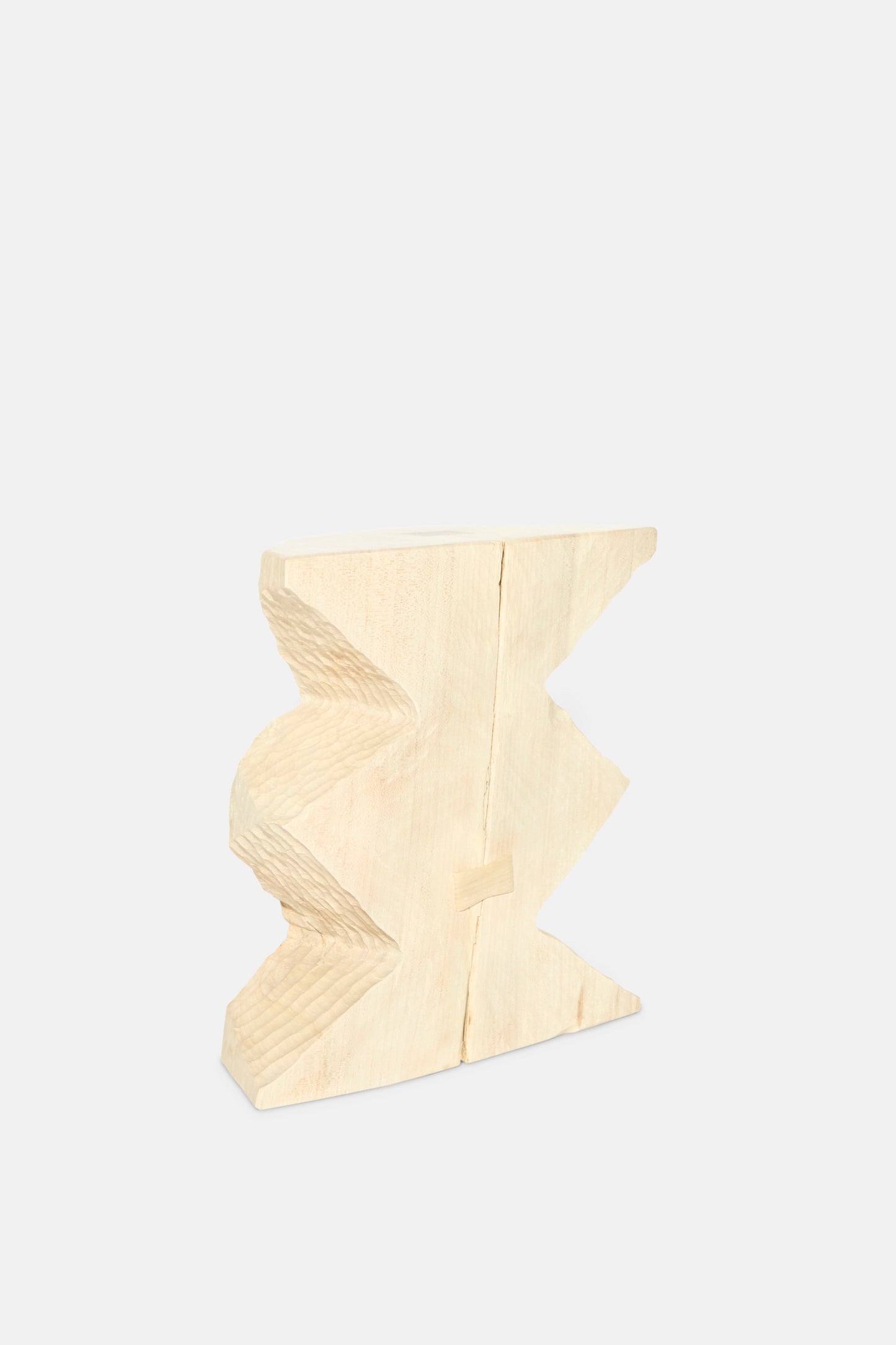 The Bleached Maple Skinny II by Cody Brgant is a handmade, light-hued rectangular wooden sculpture with zigzag-edged cutouts on both sides, crafted in Brooklyn from maple furniture offcuts and shown against a white background.