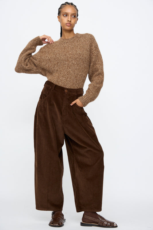 Person wears Cordera’s Corduroy Baggy Pants in Brown, featuring an elastic waistband, paired with a textured brown sweater and brown shoes, standing against a plain white background.