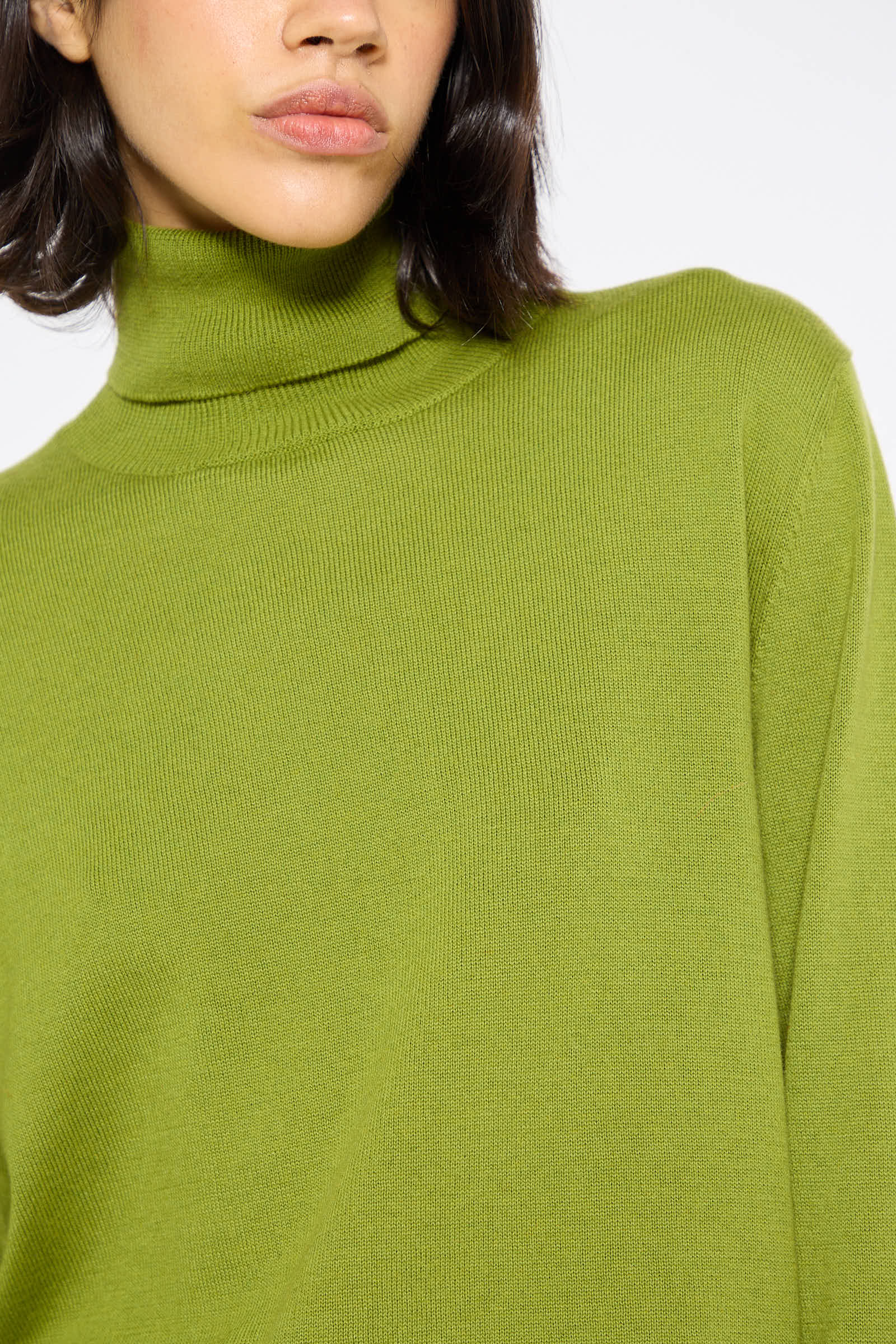 A person with shoulder-length dark hair wears Cordera's Cotton and Cashmere Sweater in Woodbine, a luxurious blend of cotton and cashmere turtleneck, shown from neck to mid-torso.