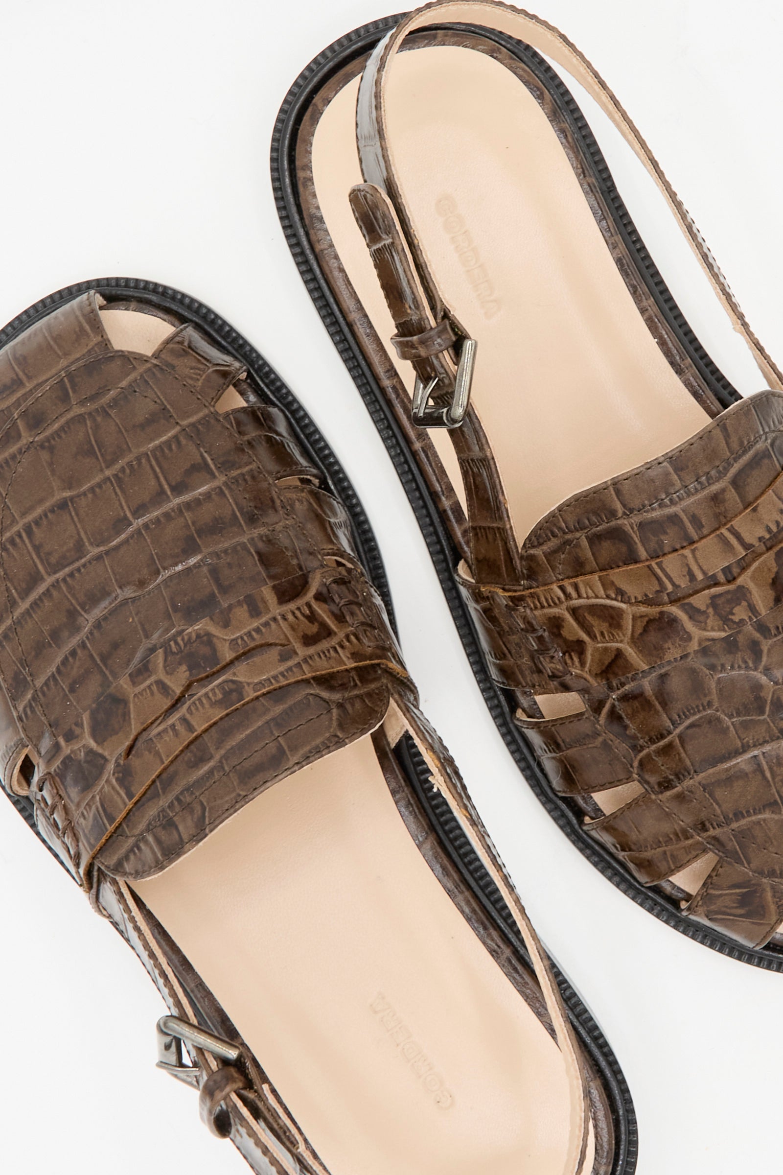 Close-up of Cordera's Slingback Loafer in Crocodile, showcasing brown crocodile leather with slingback straps and open sides, made in Spain, displayed on a white background.
