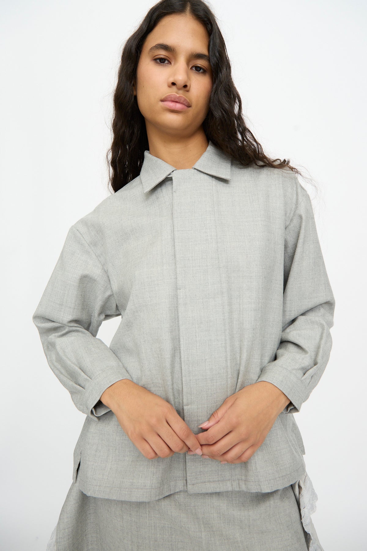 Cosmic Wonder Nostalgic Artist’s Camp Collar Shirt in gray, featuring a wool design with long sleeves, a camp collar, and a concealed front placket.