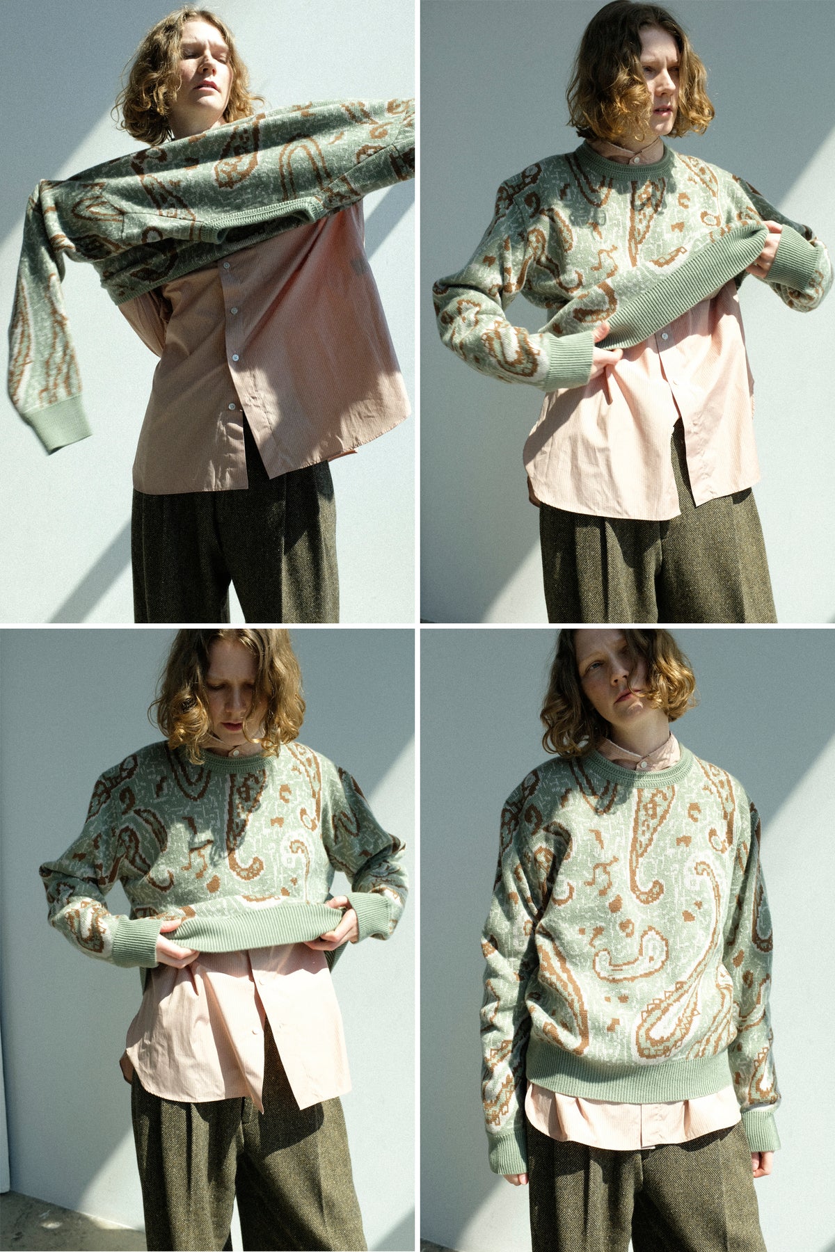 A grid of a woman putting on the Cristaseya Cashmere Jacquard Sweater in Sauge.