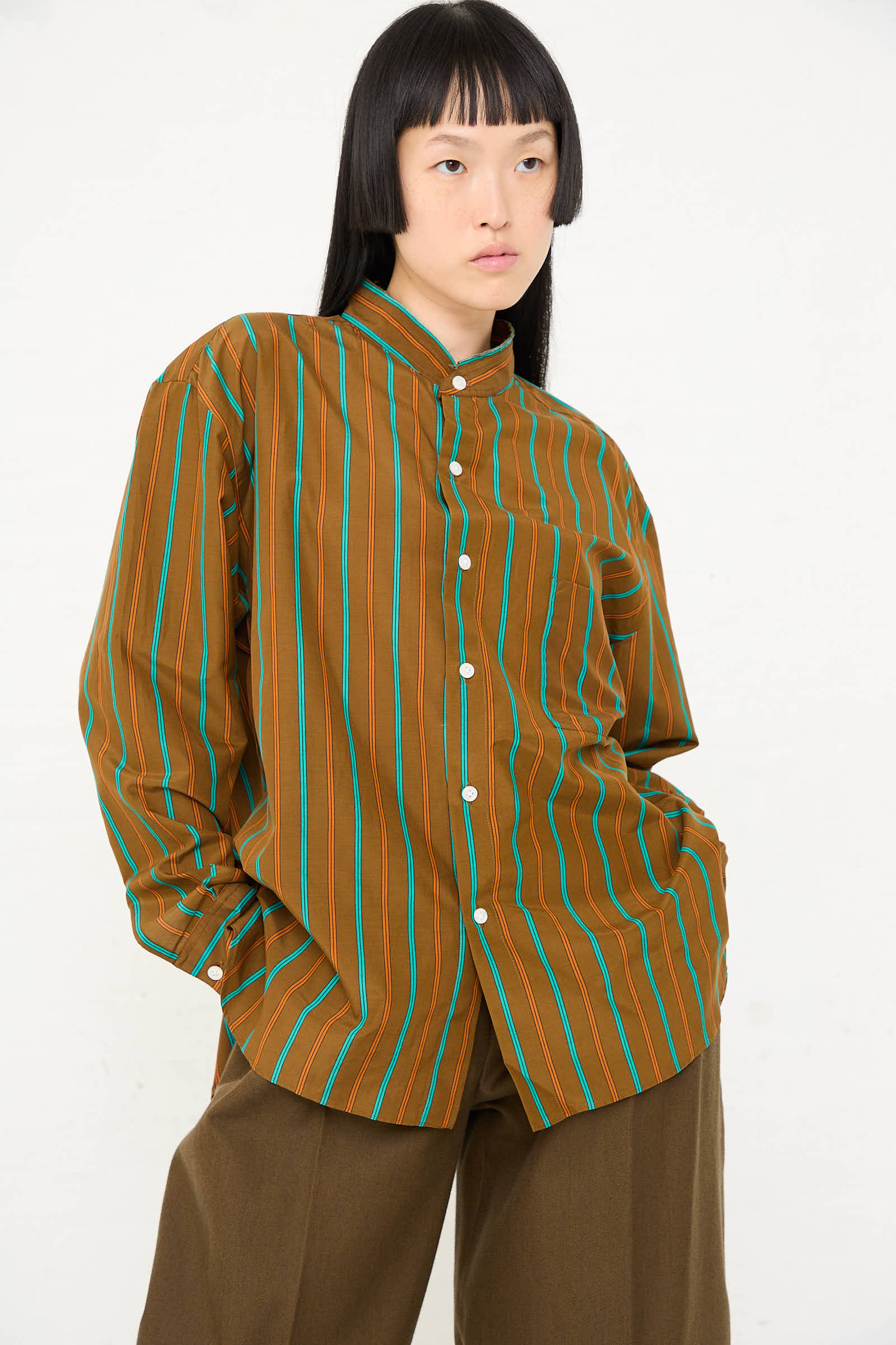 Handmade Fringed Mao Collar Shirt in Noisette with Blue Stripe