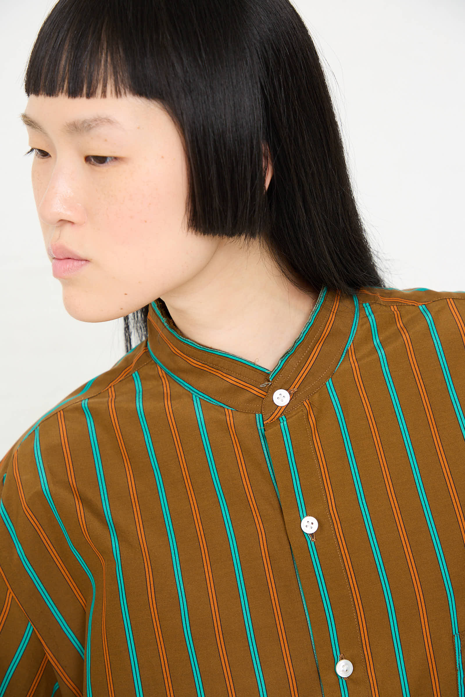 Handmade Fringed Mao Collar Shirt in Noisette with Blue Stripe