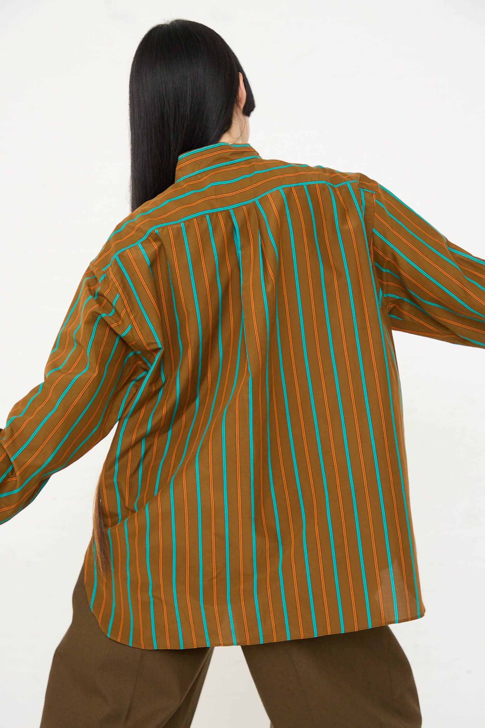 Handmade Fringed Mao Collar Shirt in Noisette with Blue Stripe