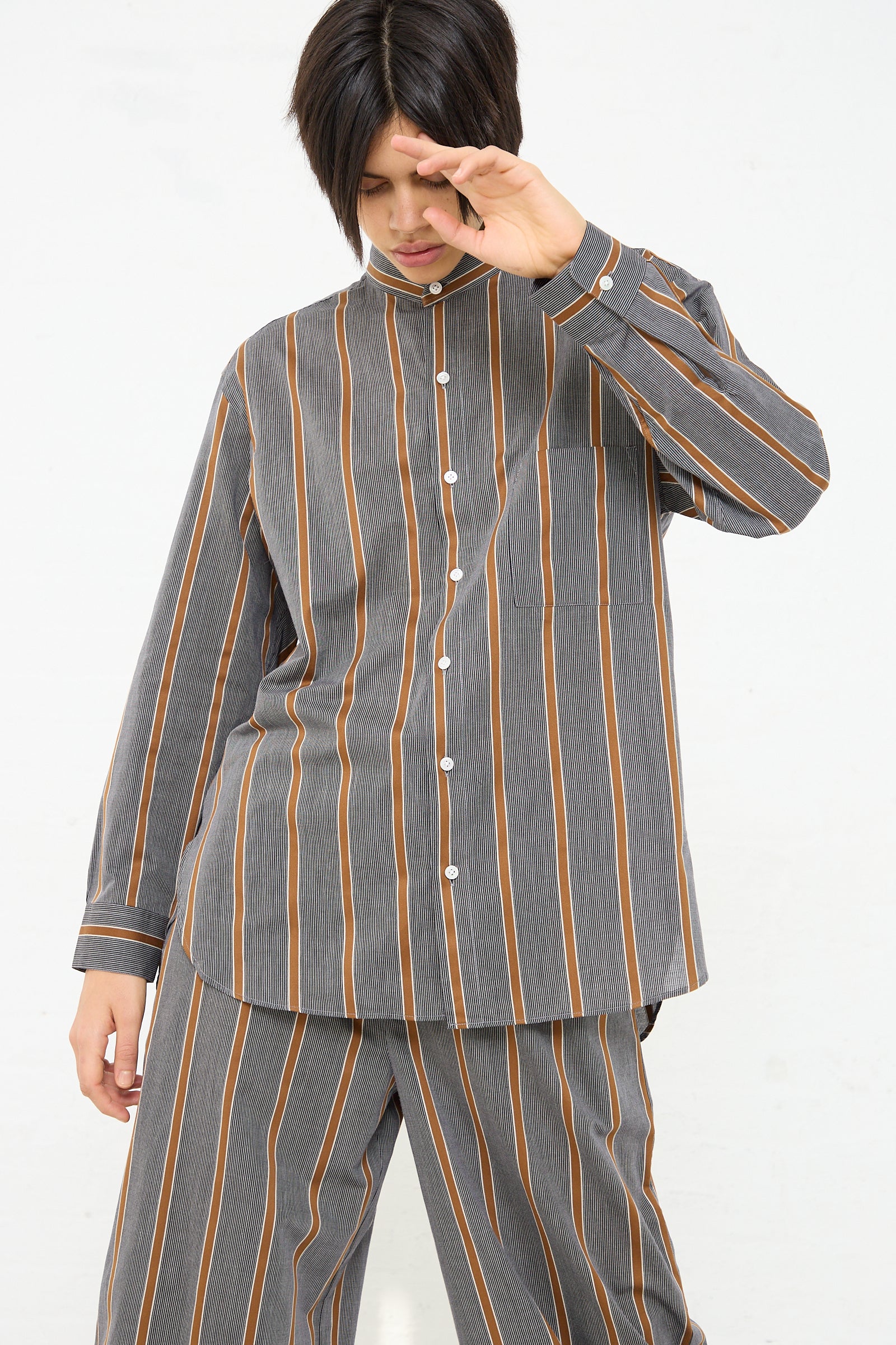 Mao Shirt with Fringed Collar in Striped Black and Noisette