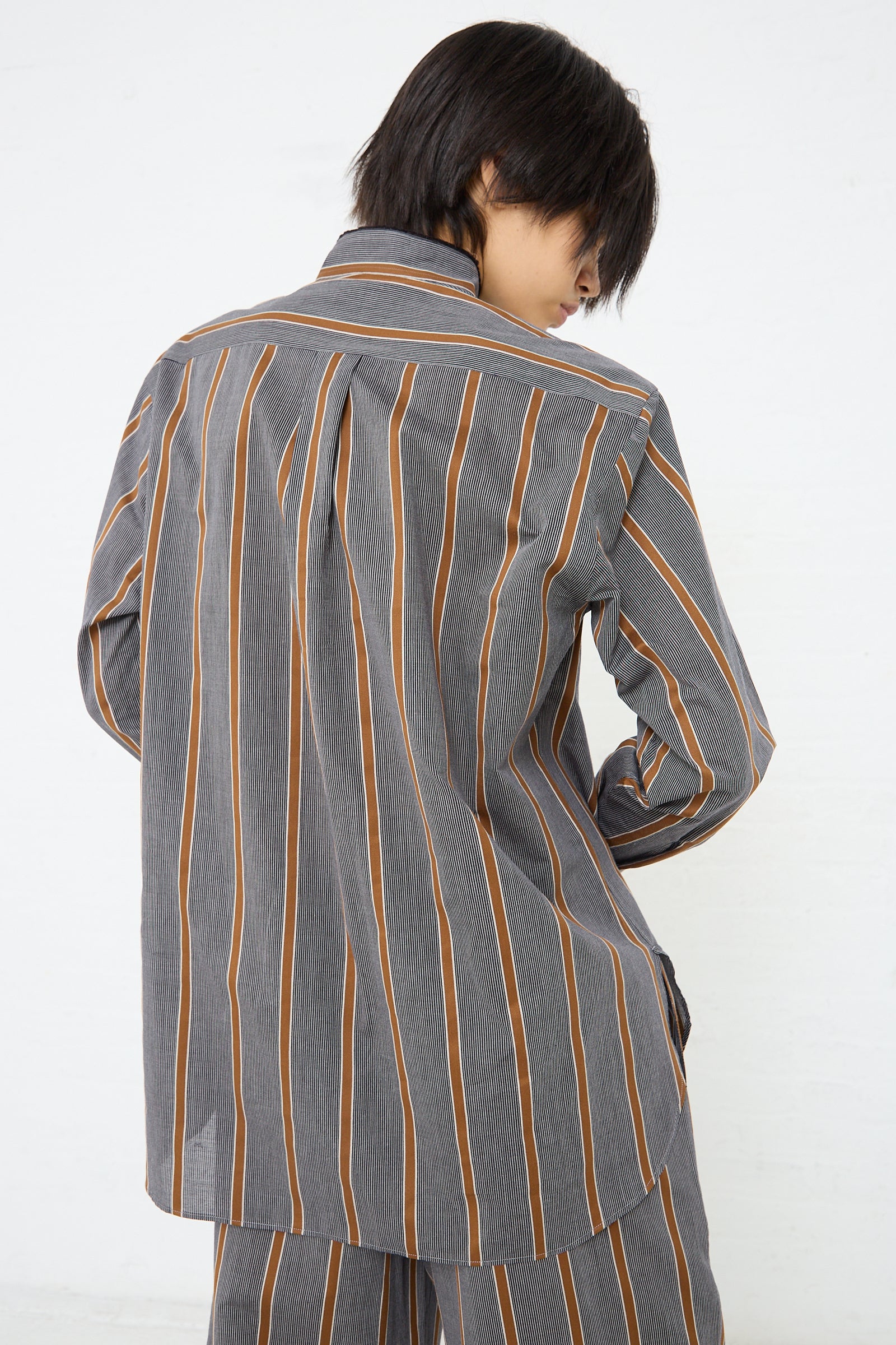 Mao Shirt with Fringed Collar in Striped Black and Noisette L