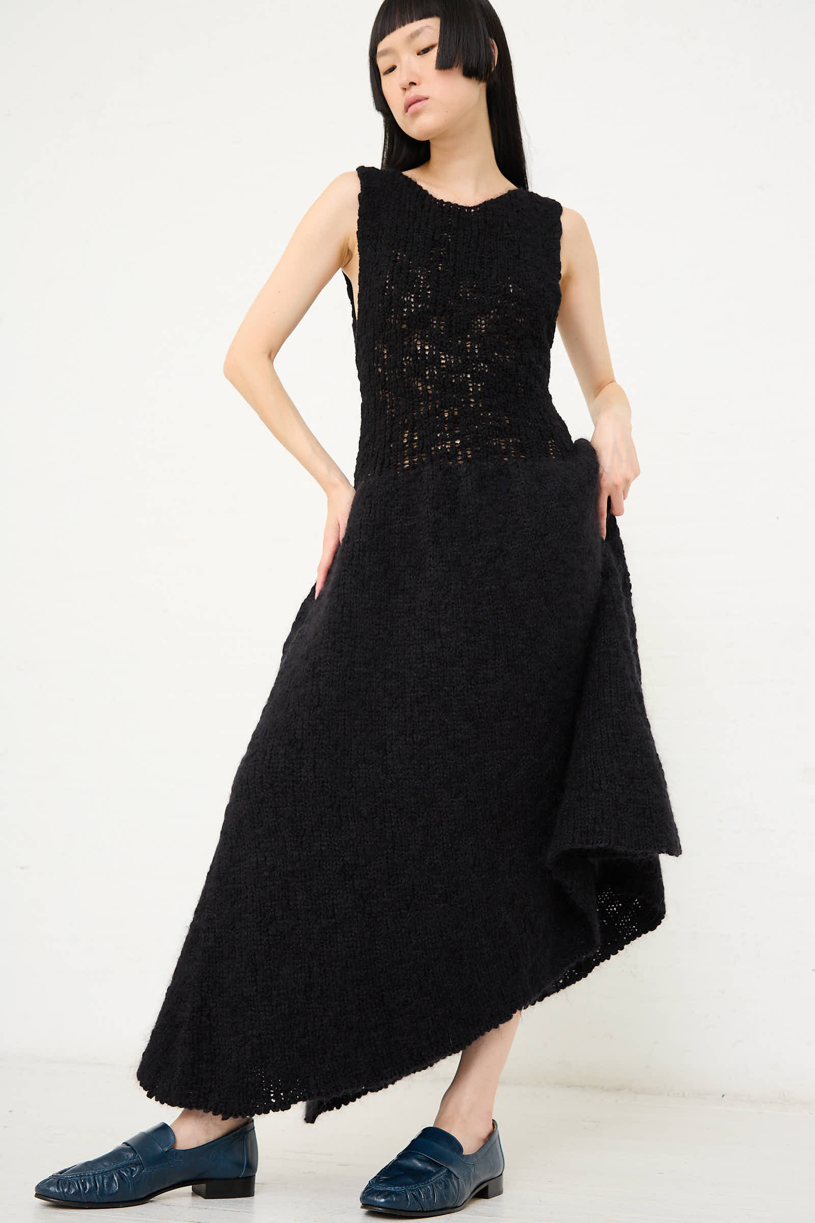 Merino and Mohair Asymmetrical Long Knit Dress in Black