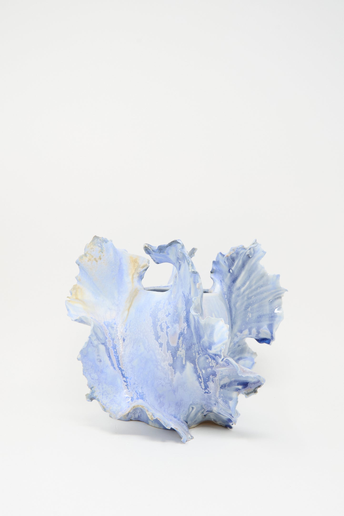 Ash Bloom N.8 Woodfired in Blue by Dear You is a handmade ceramic sculpture with ruffled, organic edges in light blue and white, finished with a delicate blue glaze and set against a plain white background.