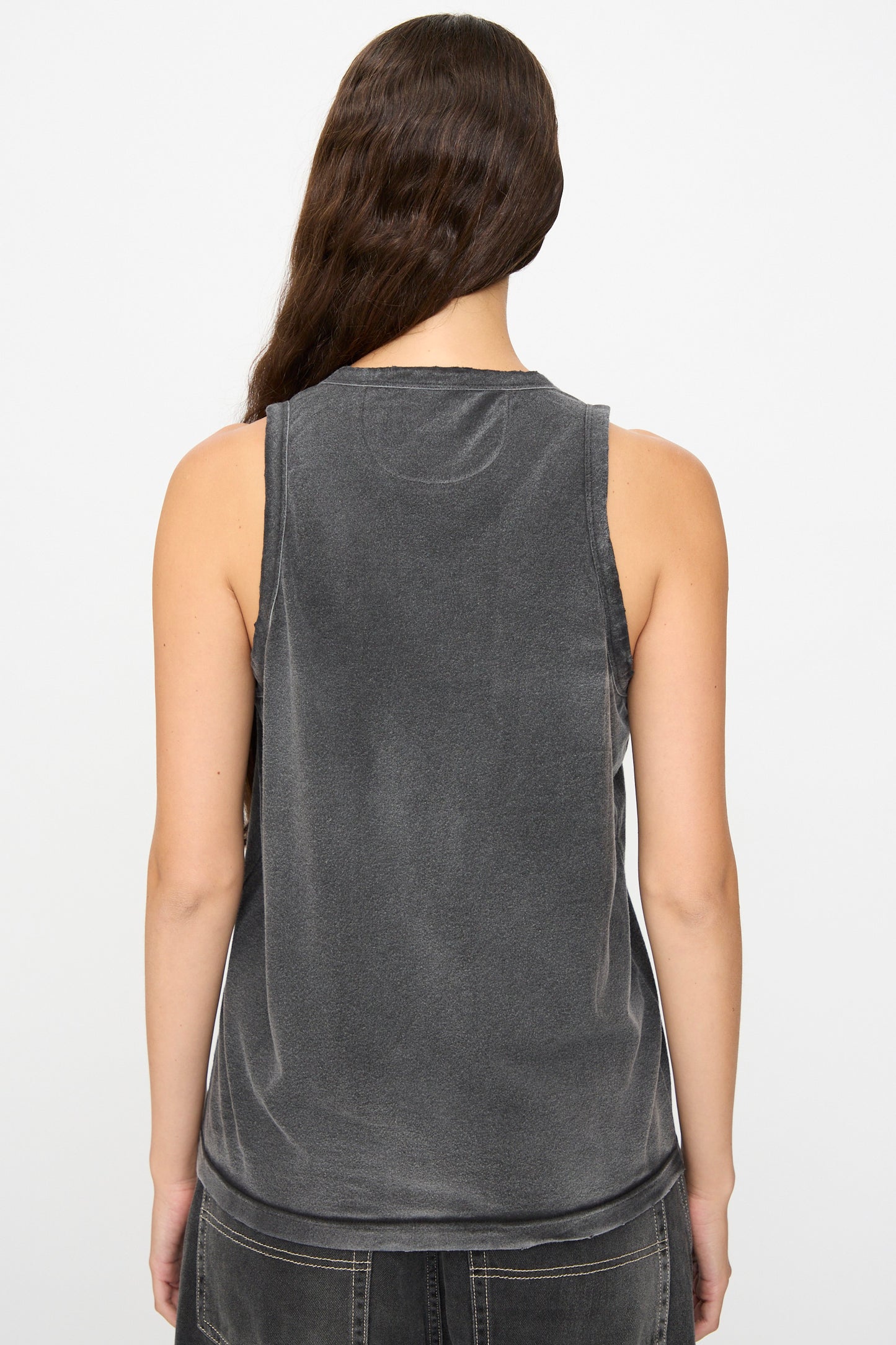 Person with long brown hair wearing the Dr. Collectors Marcel Tank in Sunfaded Smoke Black and matching pants, shown from the back against a plain white background.