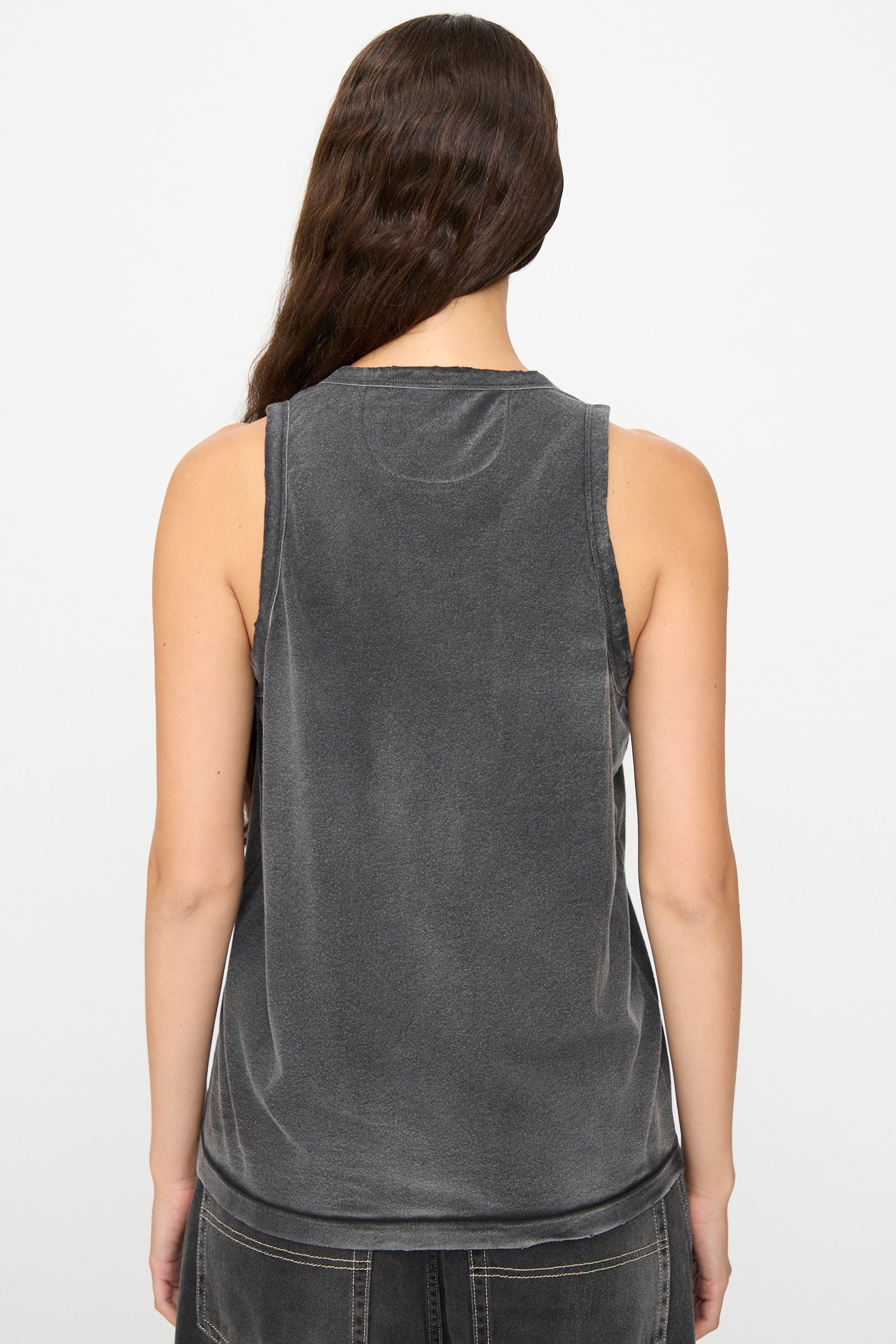 Person with long brown hair wearing the Dr. Collectors Marcel Tank in Sunfaded Smoke Black and matching pants, shown from the back against a plain white background.