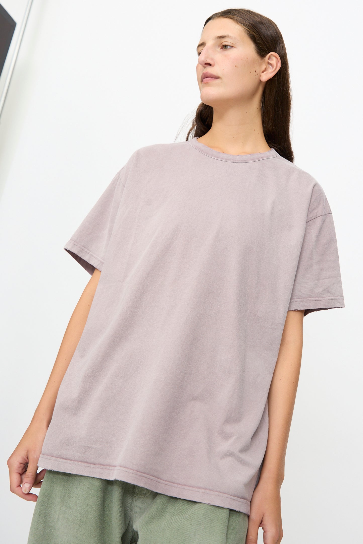 A person stands against a plain white background, looking slightly to the side and evoking a subtle vintage appearance, dressed in Dr. Collectors’ Model T in Sunfaded Dusty Orchid—a loose-fit tee crafted from recycled cotton—and sage green pants.