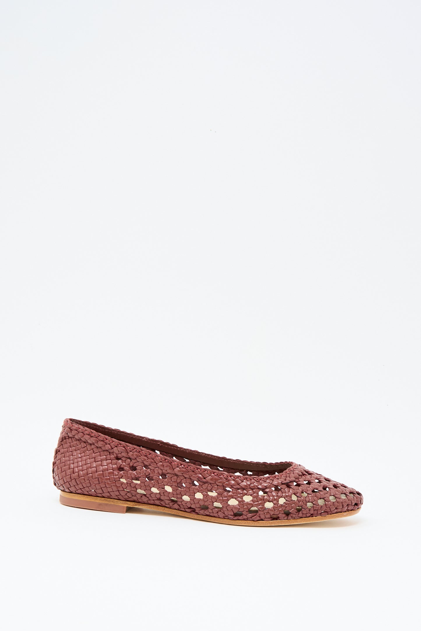 The Capri Ballerina in Bordo by Dragon Diffusion is a single woven leather flat with a round toe and cut-out design, displayed on a plain white background.