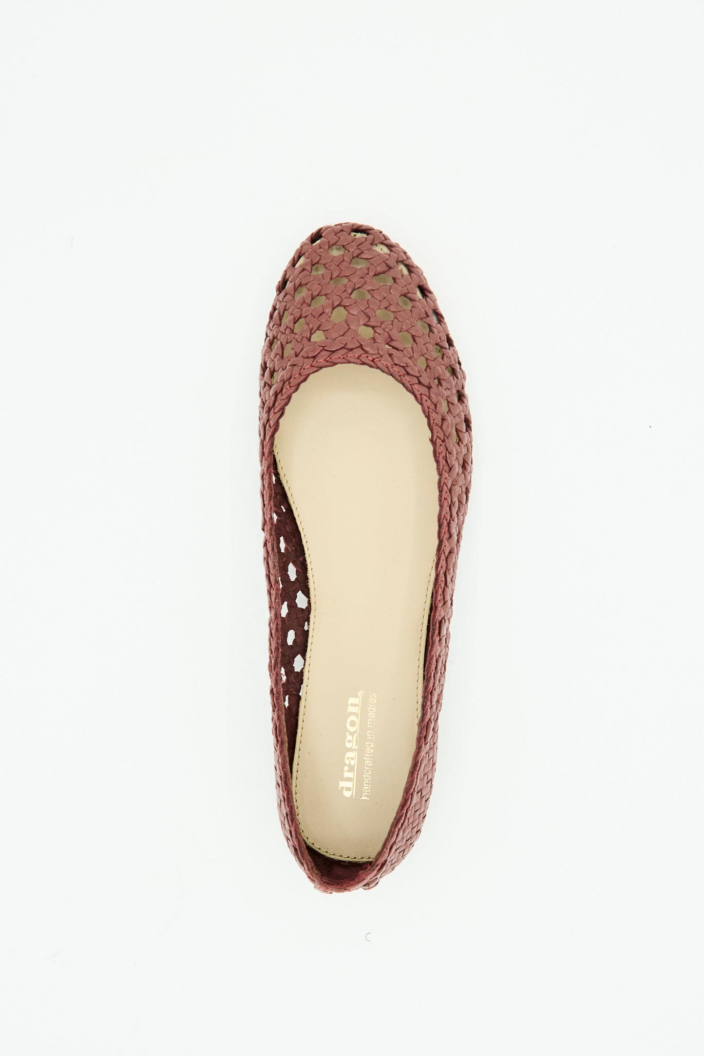 The Dragon Diffusion Capri Ballerina in Bordo is a single woven leather flat with a beige insole and round toe, seen from above against a white background.