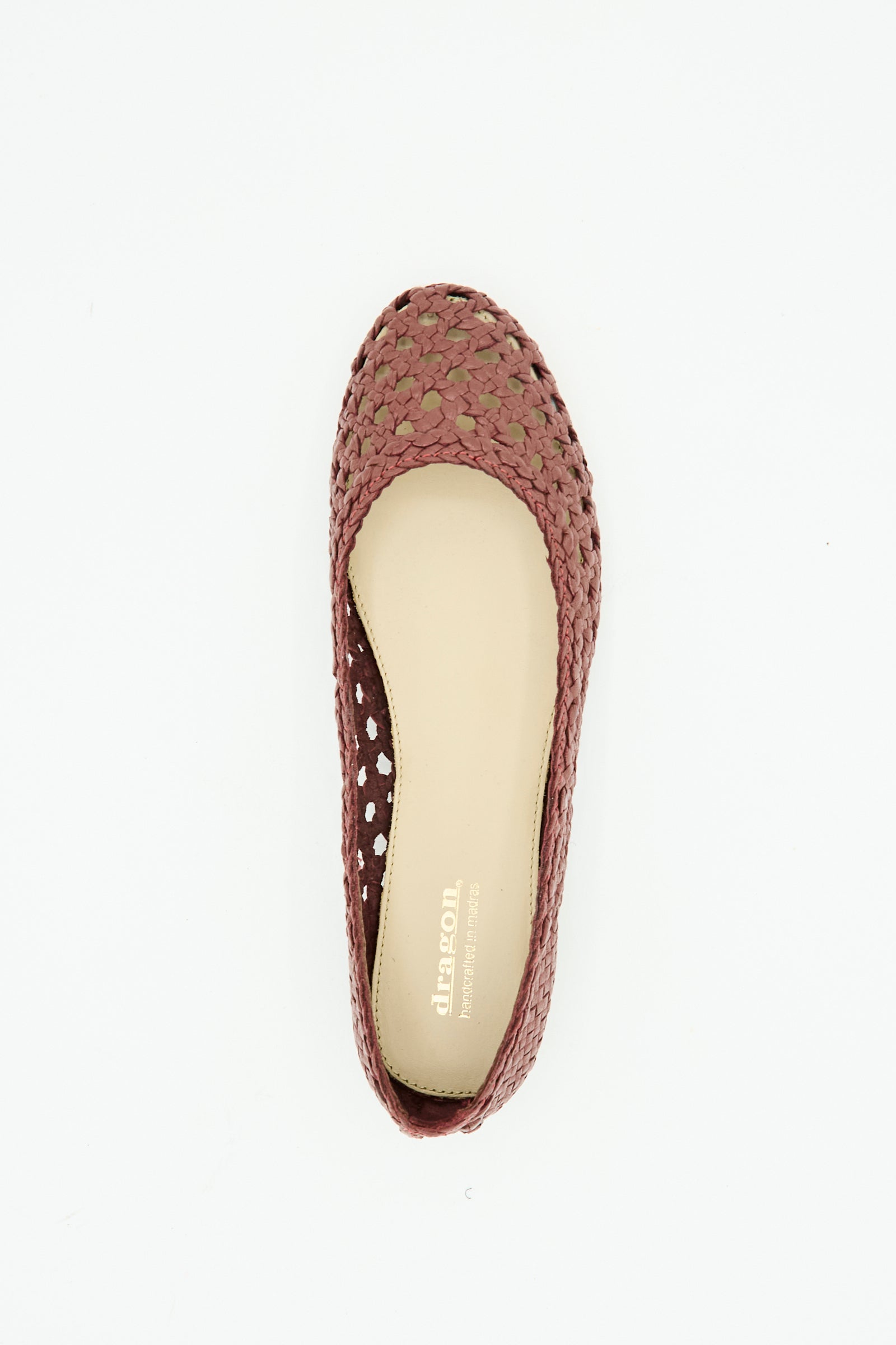 The Dragon Diffusion Capri Ballerina in Bordo is a single woven leather flat with a beige insole and round toe, seen from above against a white background.