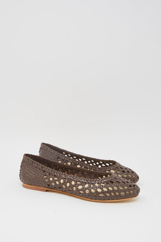 The Capri Ballerina in Dark Brown by Dragon Diffusion features woven goat leather, a perforated design, flat soles, and closed toes. Shown side by side on a plain white background.