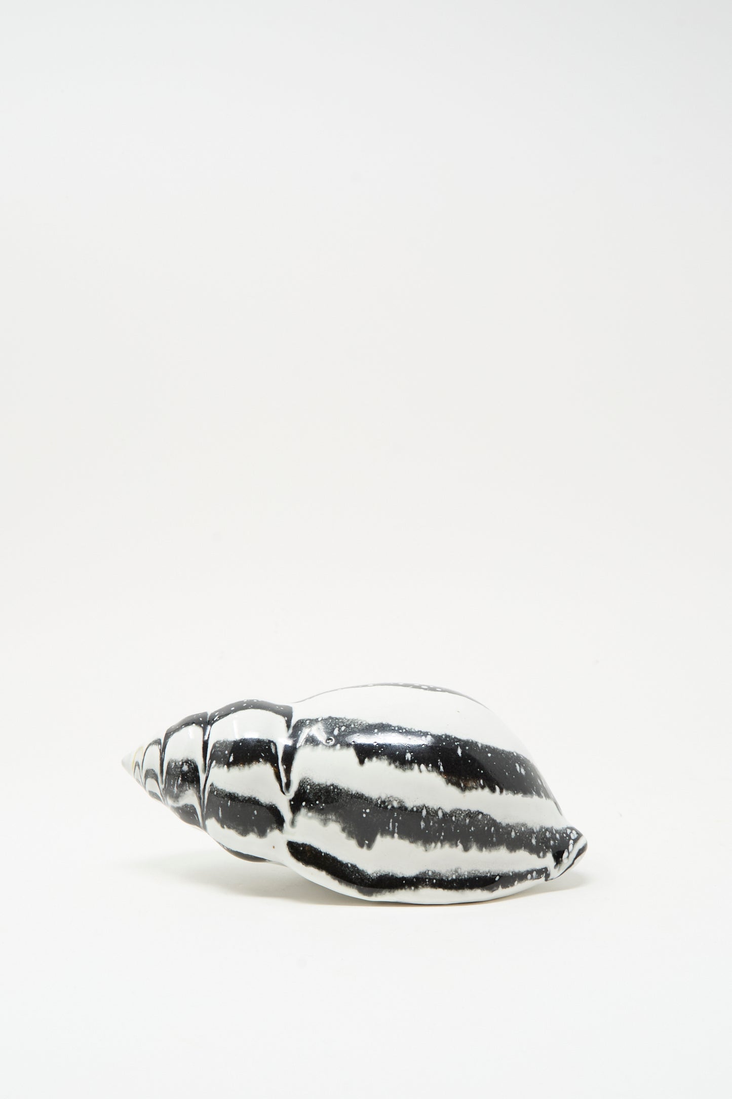 The Shell Rattle LXXXV by E.C.C.E, a handmade black and white striped ceramic piece crafted in NYC, is shown against a plain white background.