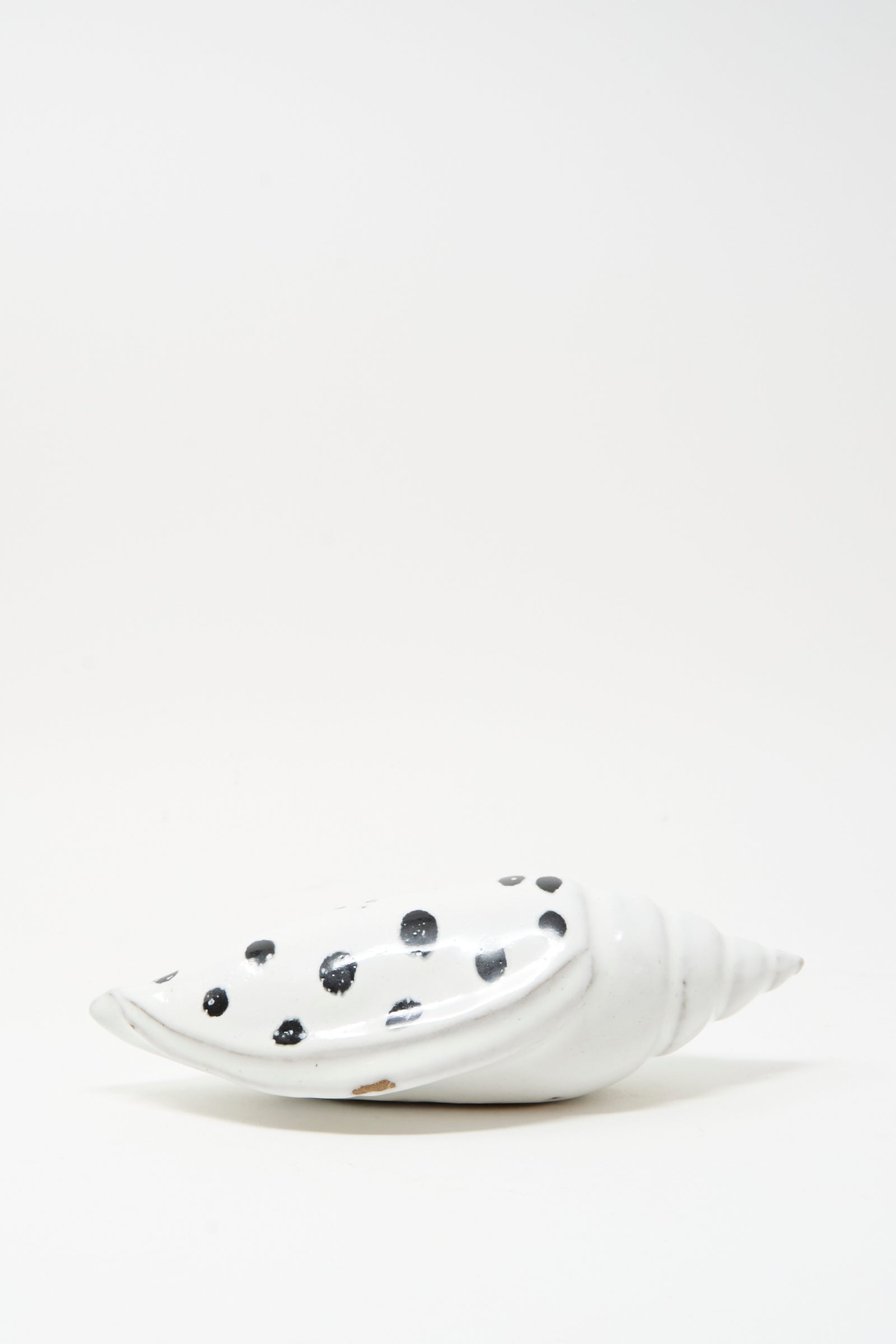 The Shell Rattle XCIII by E.C.C.E is a handmade ceramic shell, white with black spots, displayed on a plain white background.