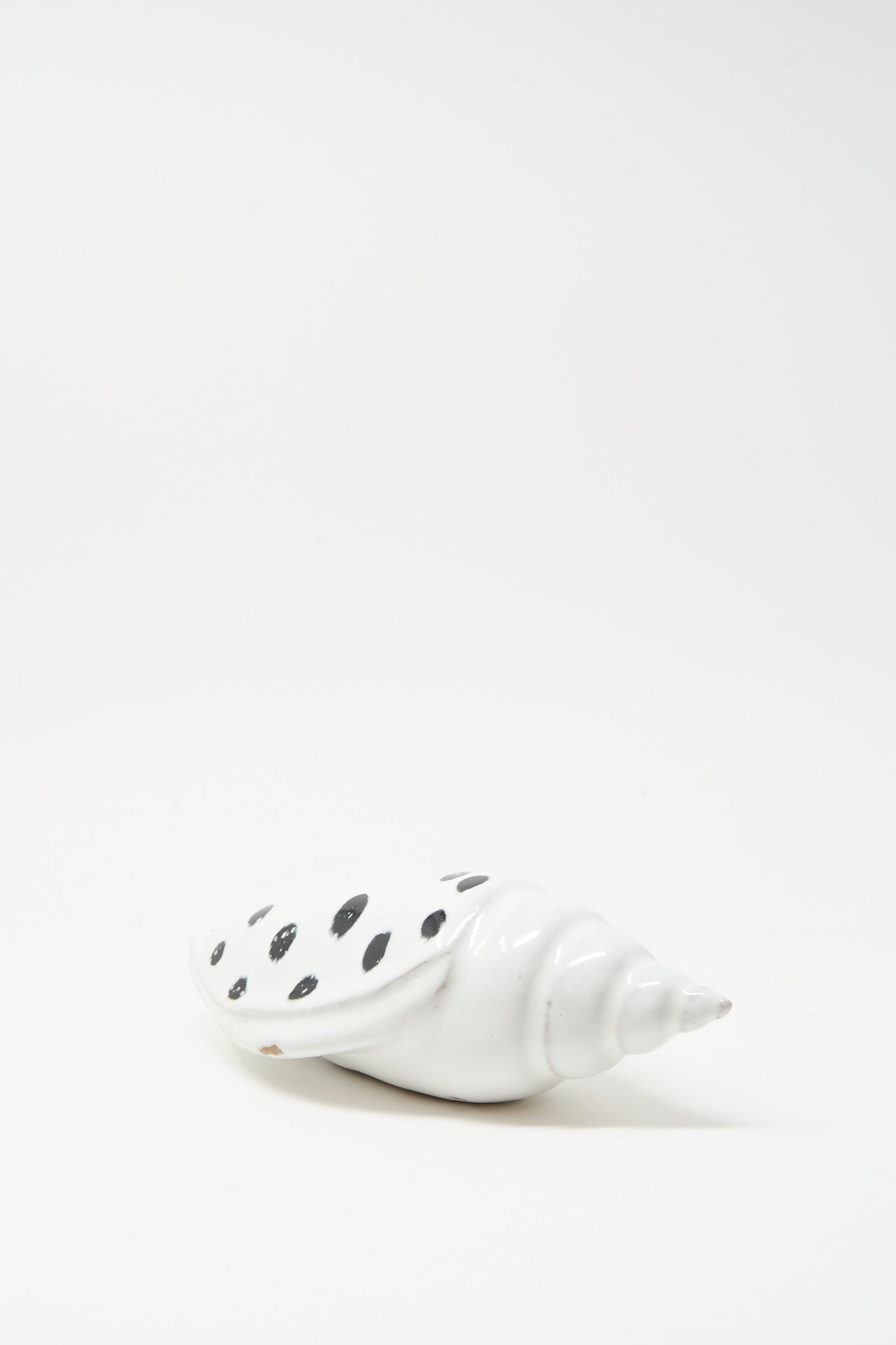 The Shell Rattle XCIII by E.C.C.E is a handmade ceramic shell with black spots, crafted in NYC and shown on a plain white background.