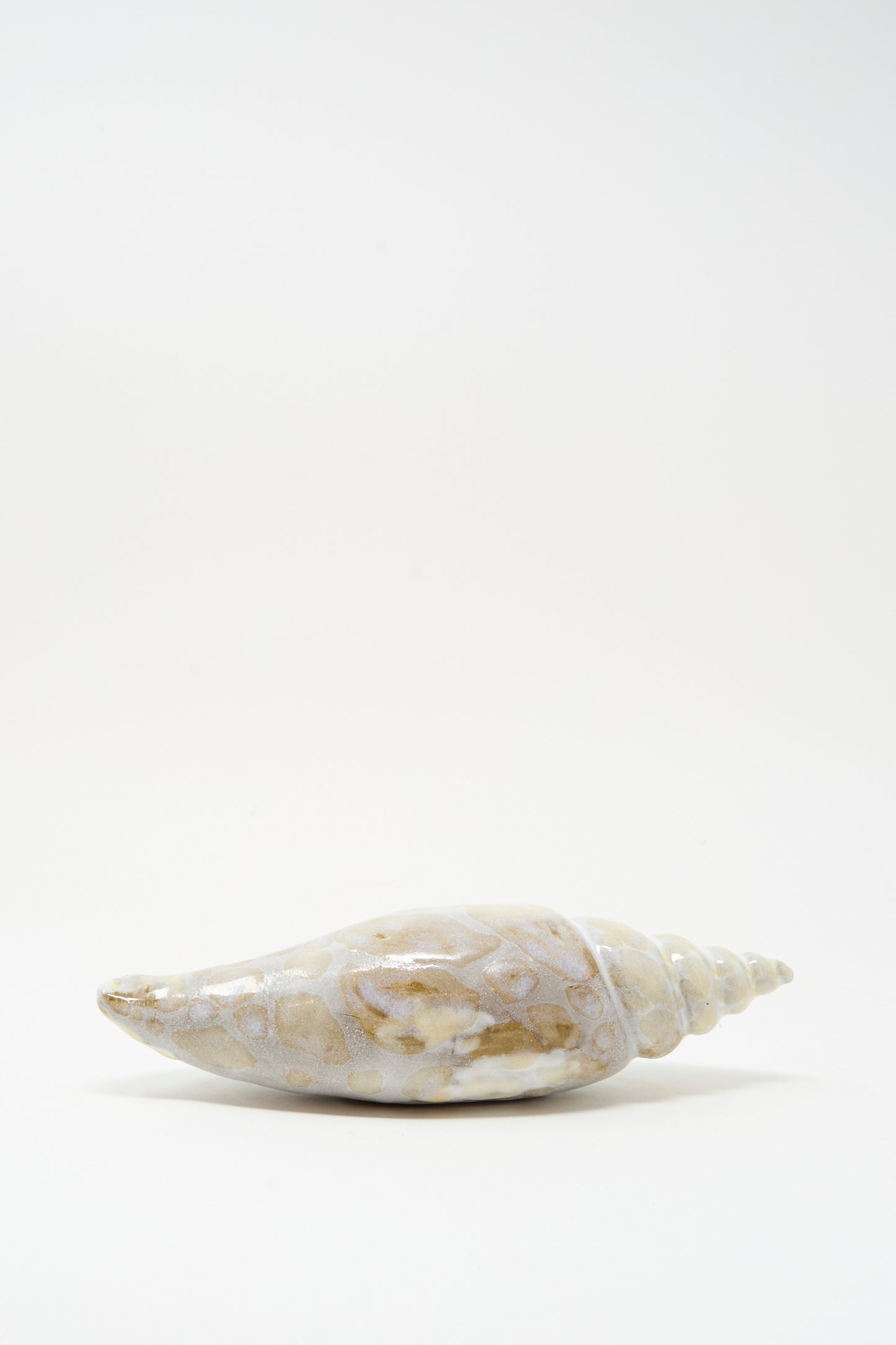 The Shell Rattle XCVII by E.C.C.E is a handmade beige and white ceramic shell, displayed horizontally on a plain white background.