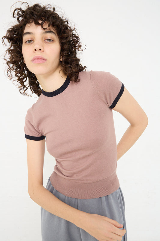 A woman wearing a Cotton Cashmere No. 339 Chloe Tee in Mauve/Navy by Extreme Cashmere.