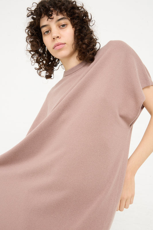 The model is wearing a pink Extreme Cashmere No. 169 Healing Dress in Clay.