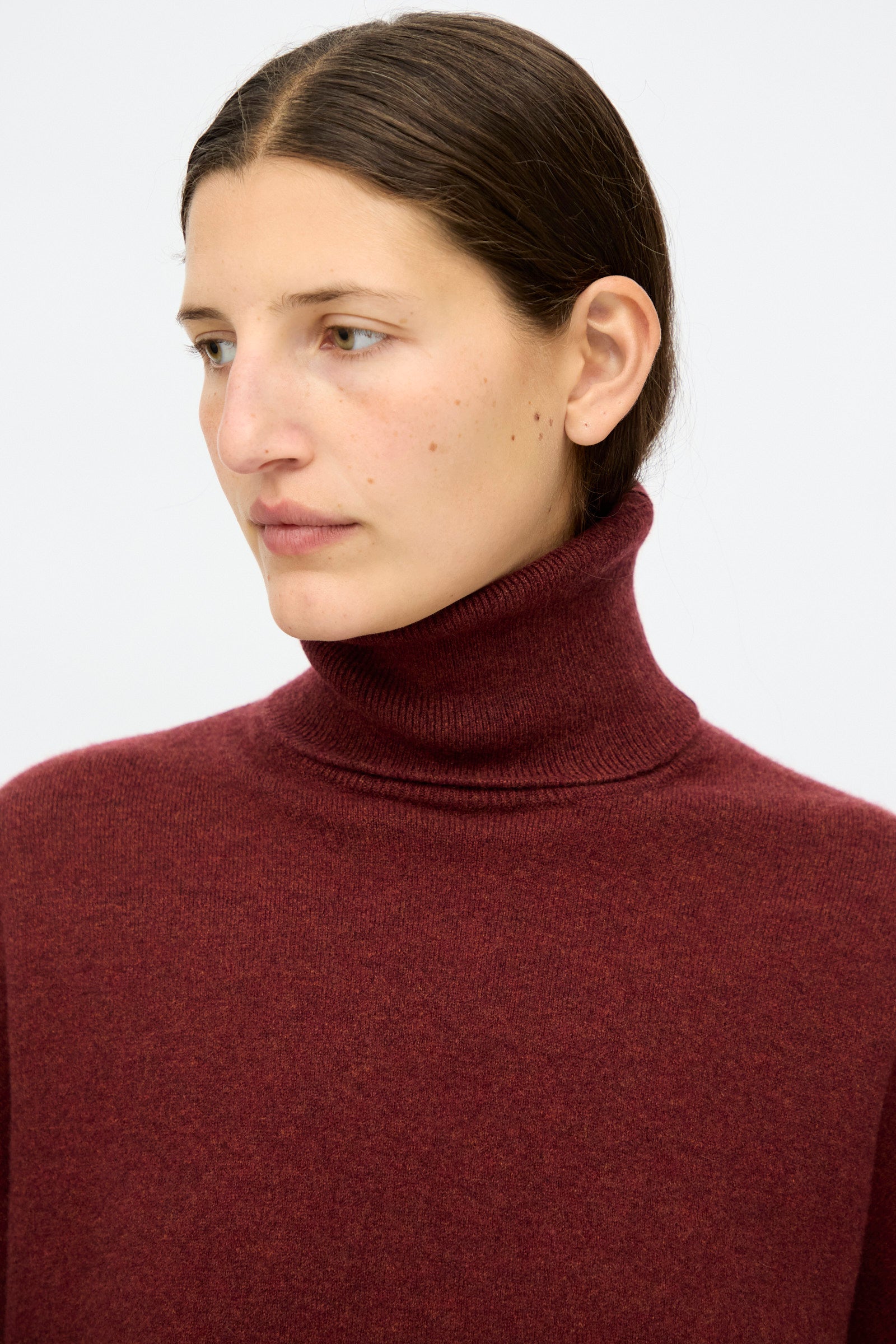 A person with straight brown hair wears the Extreme Cashmere No. 204 Jill Sweater in Maroon, a relaxed fit turtleneck, looking slightly to the side against a plain background.