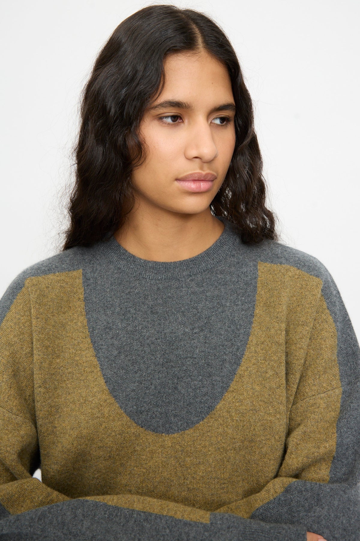 A person with long wavy dark hair, looking slightly to the side against a plain background, wears the Extreme Cashmere No. 518 Trompe Sweater in Hunter and Felt, featuring a crew neckline.