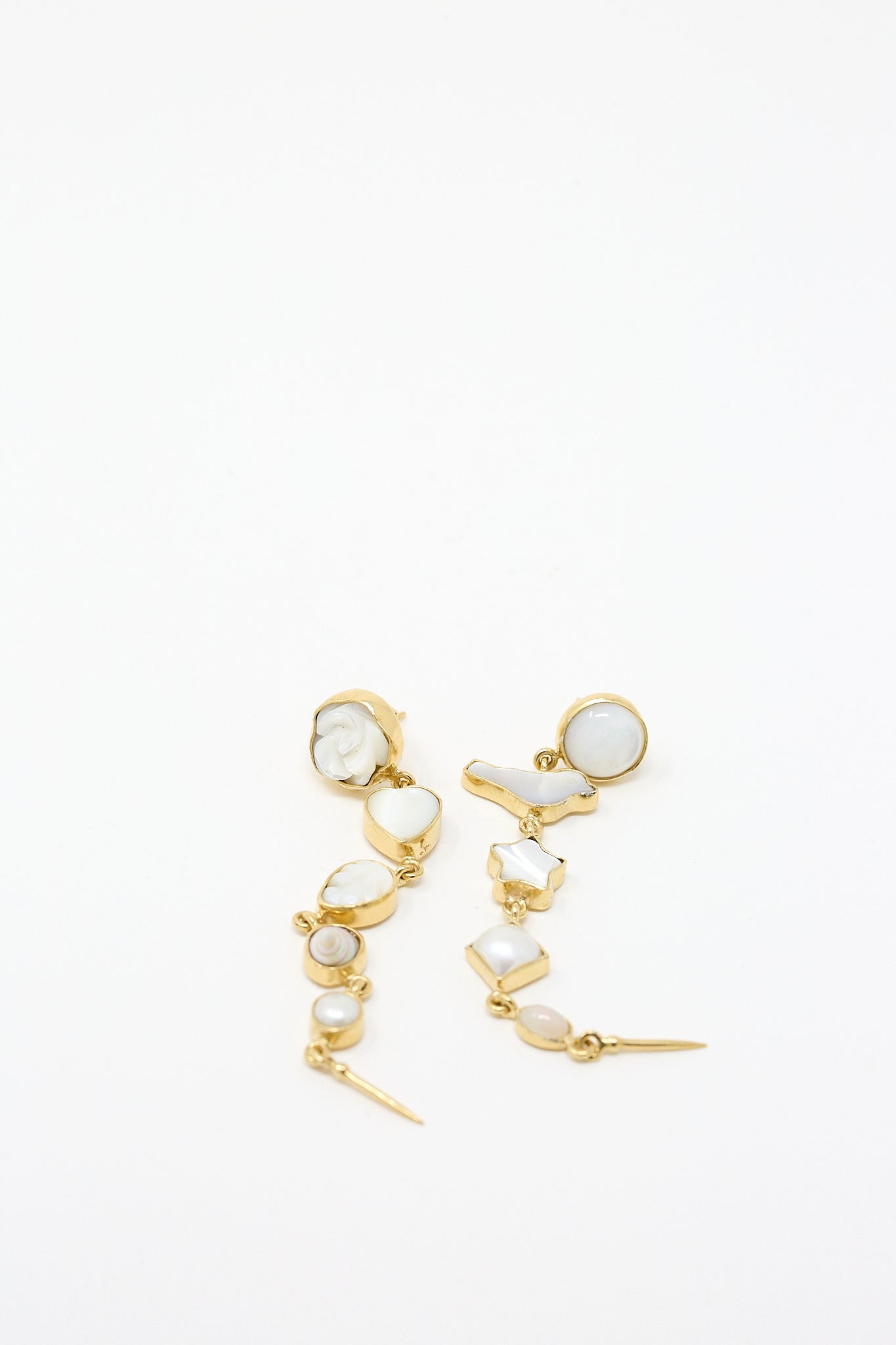 A pair of Five Charm with Victorian Drop Earrings by Grainne Morton with white mother of pearl.