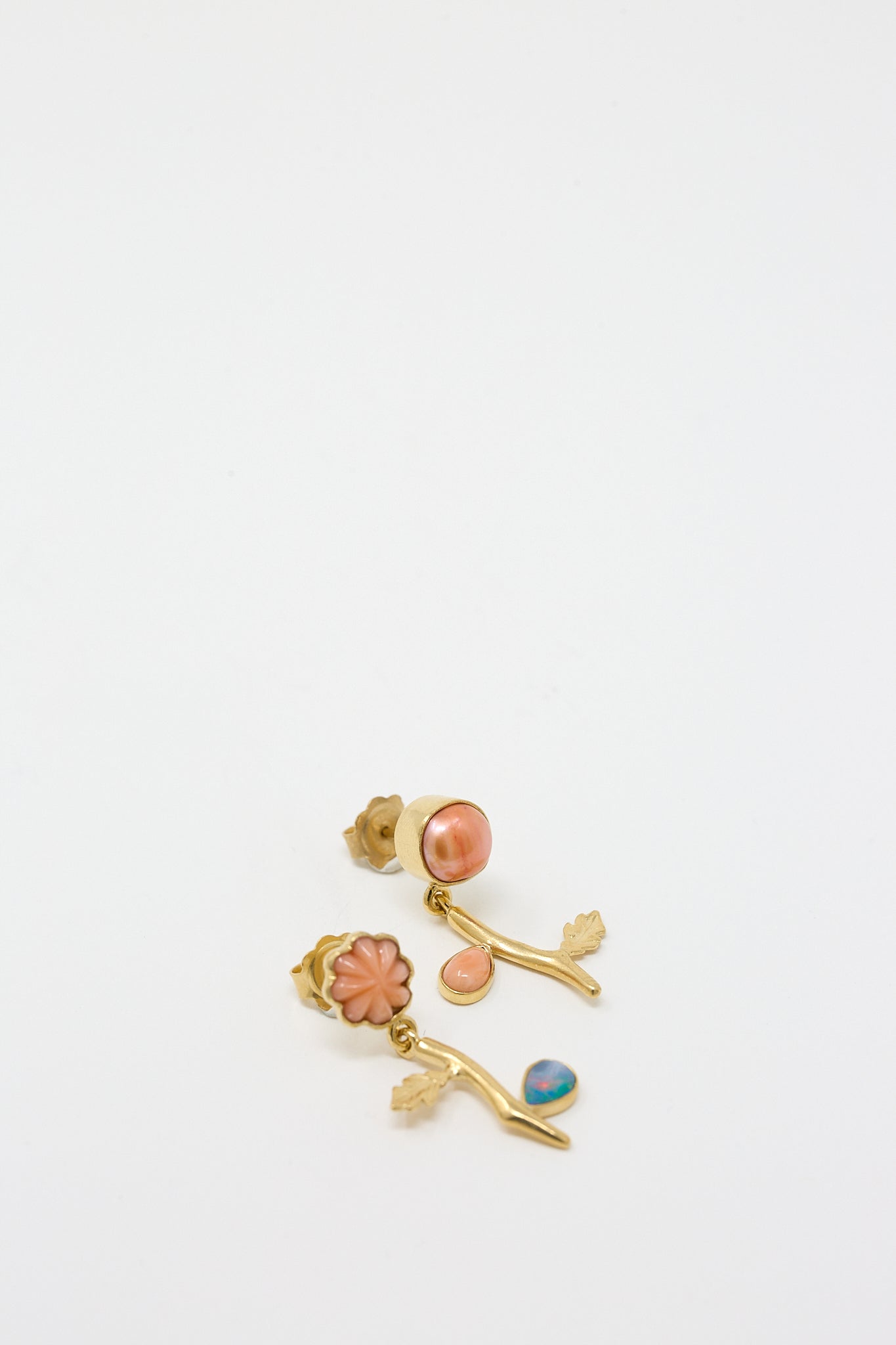 A pair of Grainne Morton Flower Drop Earrings in 18K gold-plated silver with coral and pearls.