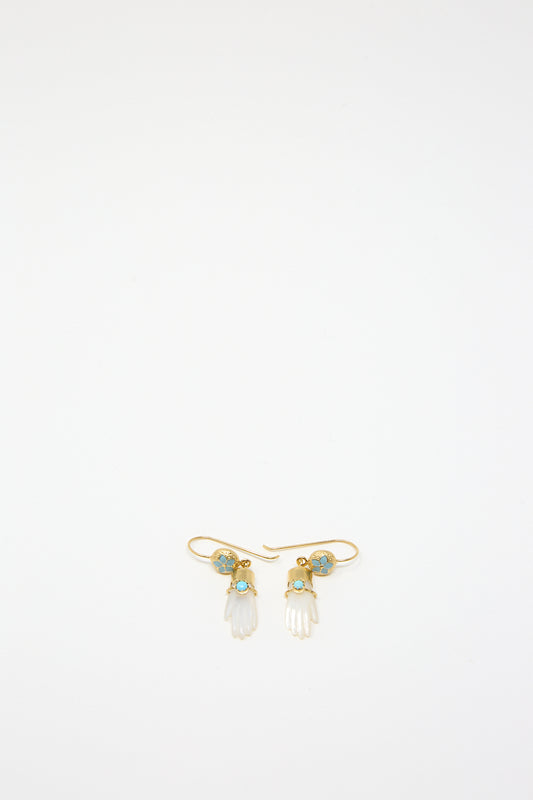A pair of Grainne Morton Hand Hooks with Bracelet Earrings, 18k gold-plated with blue and white stones.