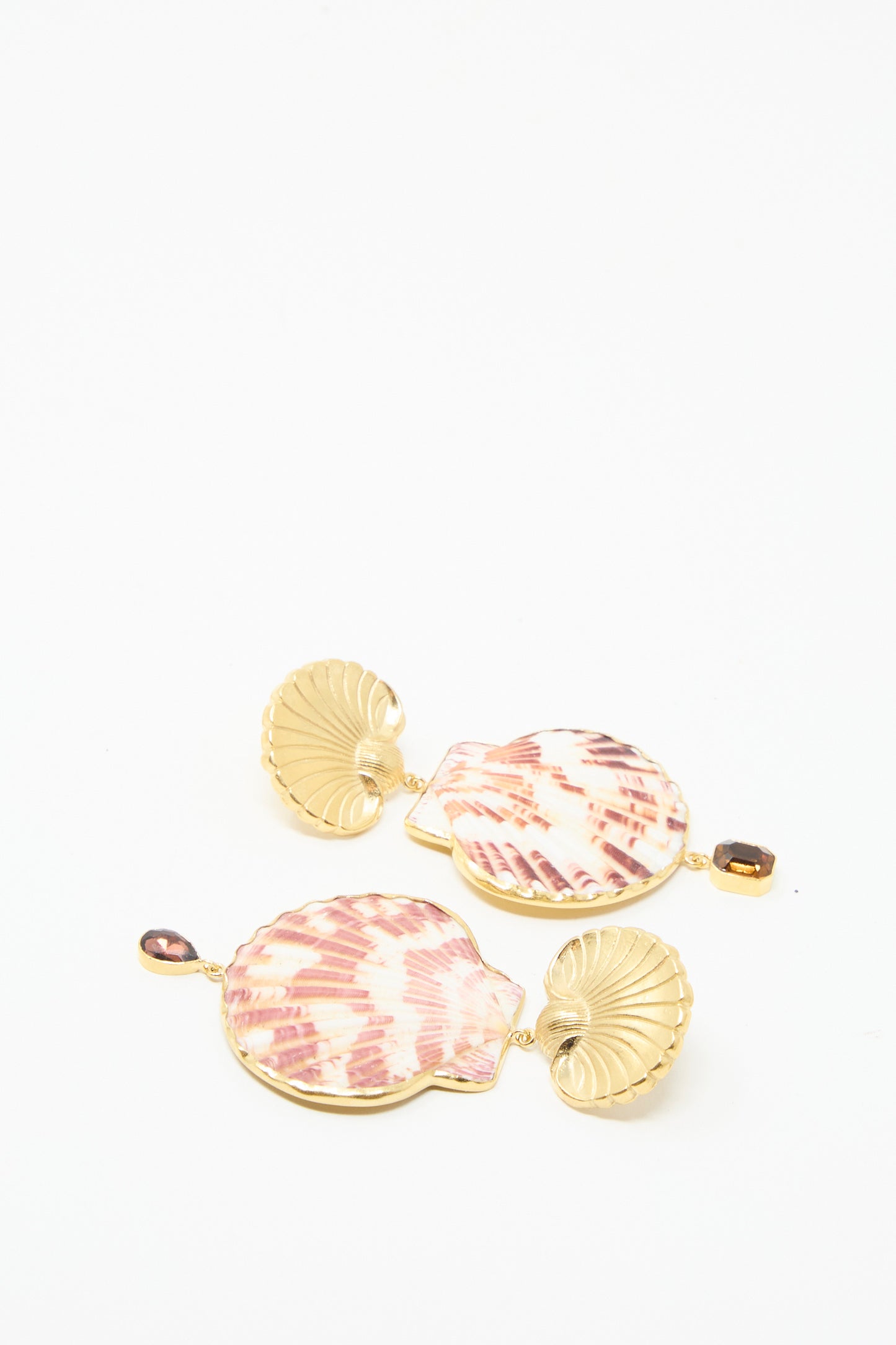 Grainne Morton's Scallop Earrings feature a seashell design with pink and brown gemstones, showcasing a vintage teardrop rhinestone on white, accented by 18k gold-plated silver.