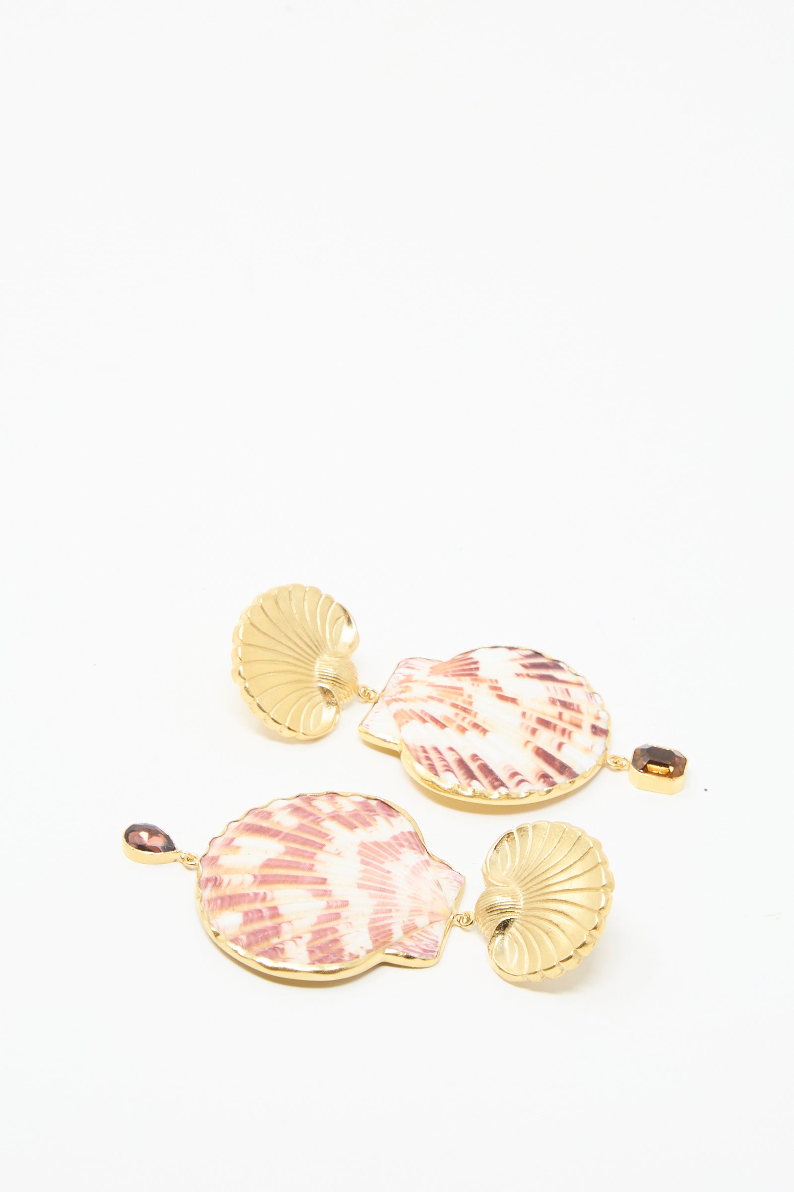 Grainne Morton's Scallop Earrings feature a seashell design with pink and brown gemstones, showcasing a vintage teardrop rhinestone on white, accented by 18k gold-plated silver.