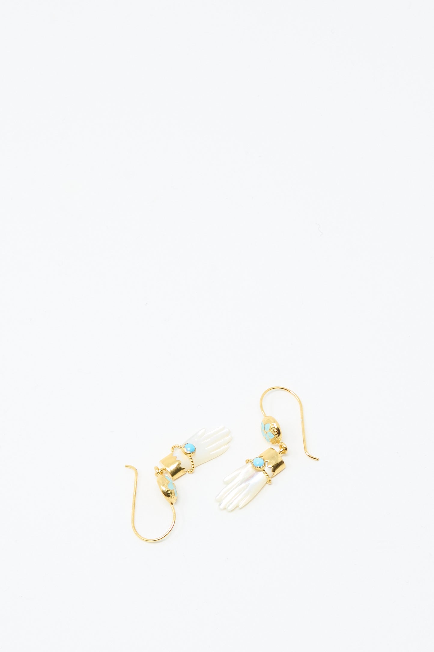 Grainne Morton Hand Hooks with Bracelet Earrings: 18K gold plated earrings in the shape of hands, each featuring a turquoise stone and ornate gold detailing, shown on a white background.
