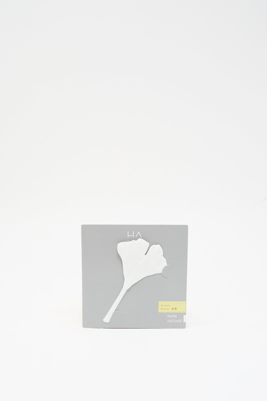 A gray square packet of Morihata Paper Leaf Autumn Incense in Fennel, a leaf-shaped paper incense
