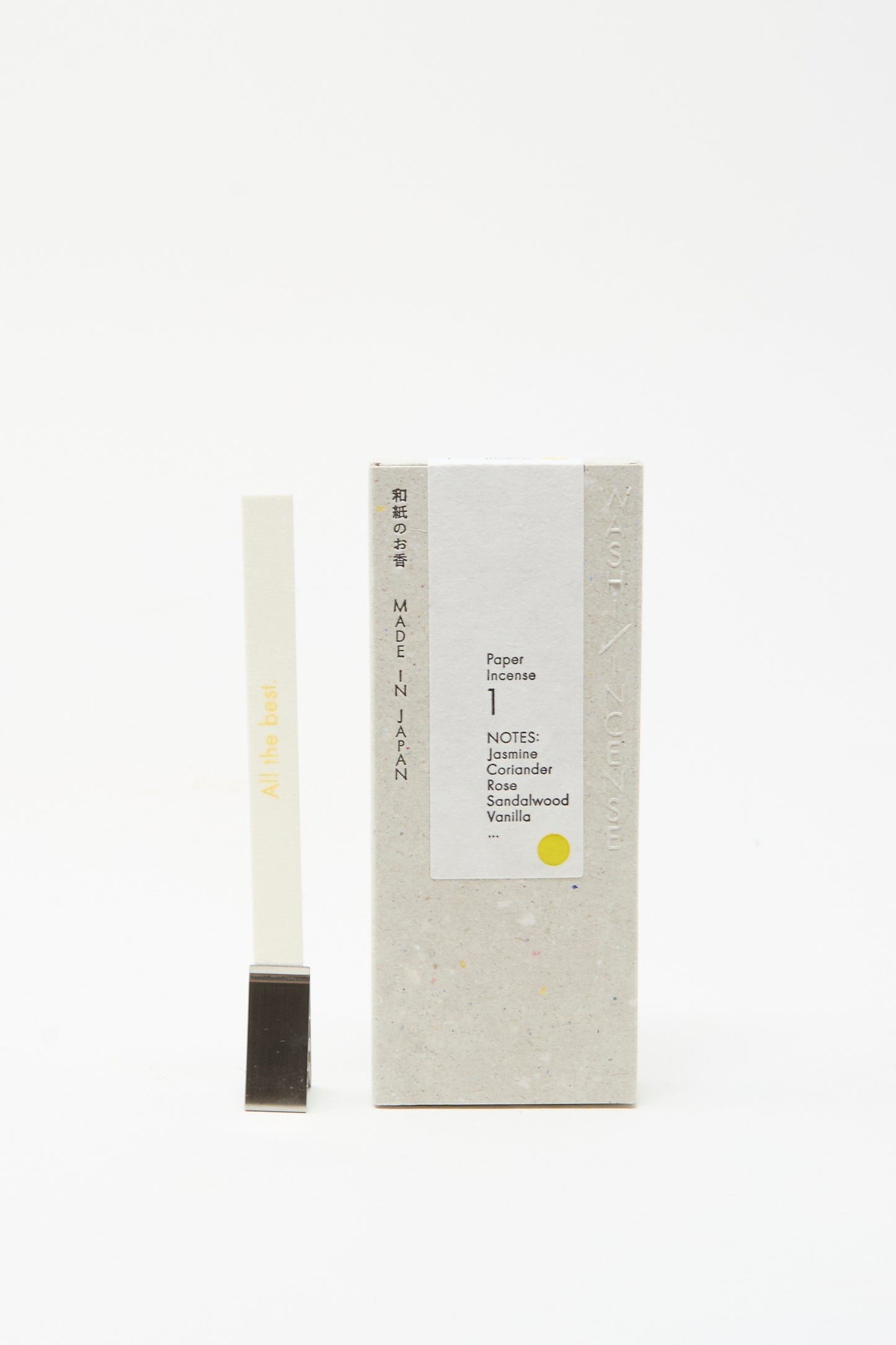 A box of Morihata Washi Paper Incense Strips in Floral Warmth features labeled scent notes, natural aromas, and includes a strip reading “All has heat” standing upright in a metal holder.